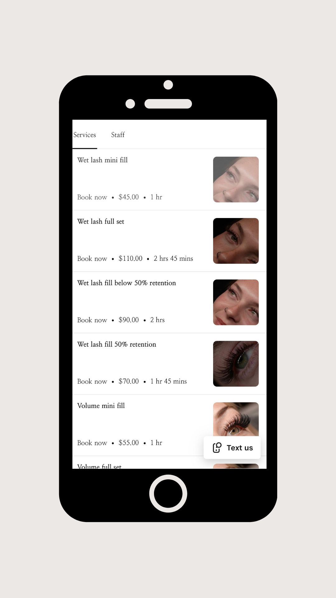 Mobile booking site displaying a lash service menu with service names, prices, durations, and thumbnail images, shown on a smartphone screen.