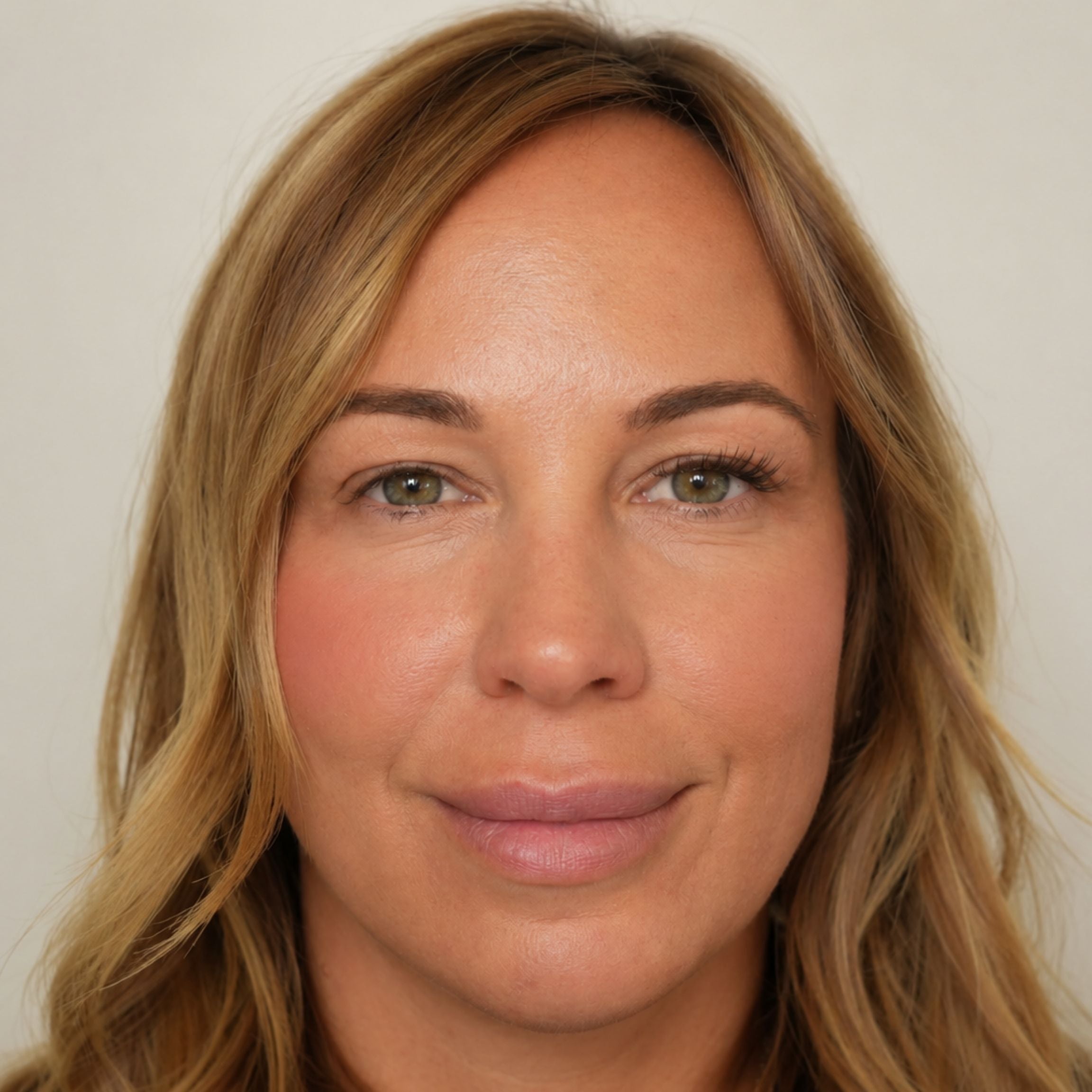A close-up portrait of a woman with blonde hair and natural skin makeup, looking directly at the camera against a plain light background.