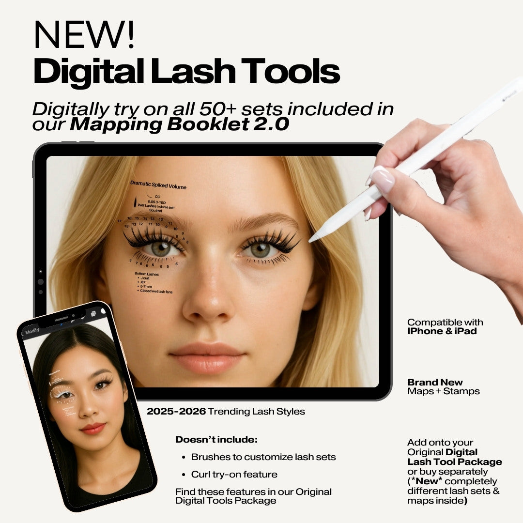 Advertisement for digital lash tools with a tablet and smartphone displaying lash designs.