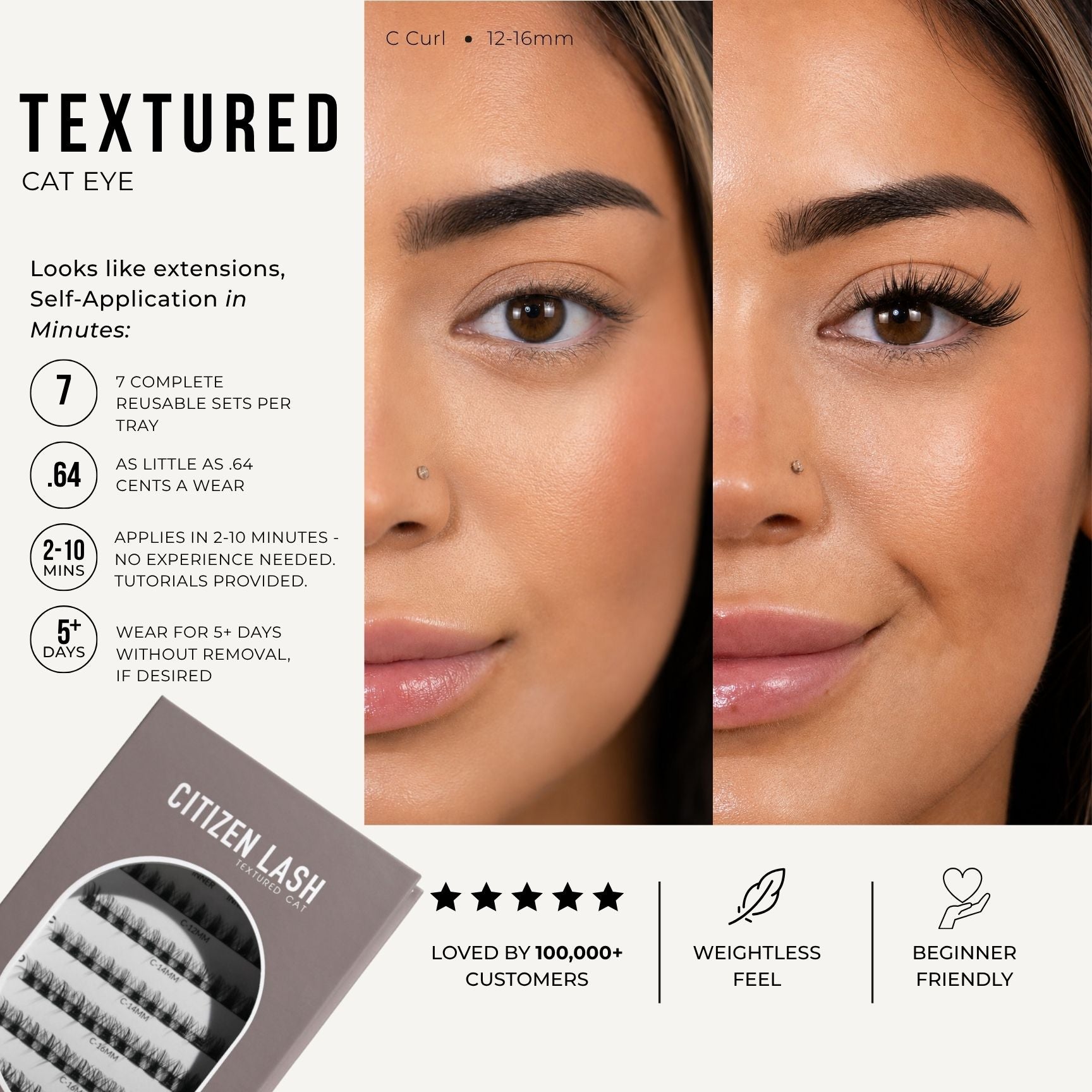 Promotional graphic for Citizen Lash Textured Cat Eye eyelash extensions, showing a close-up of a woman's face with long curled lashes, product packaging, and feature callouts on a light beige background.