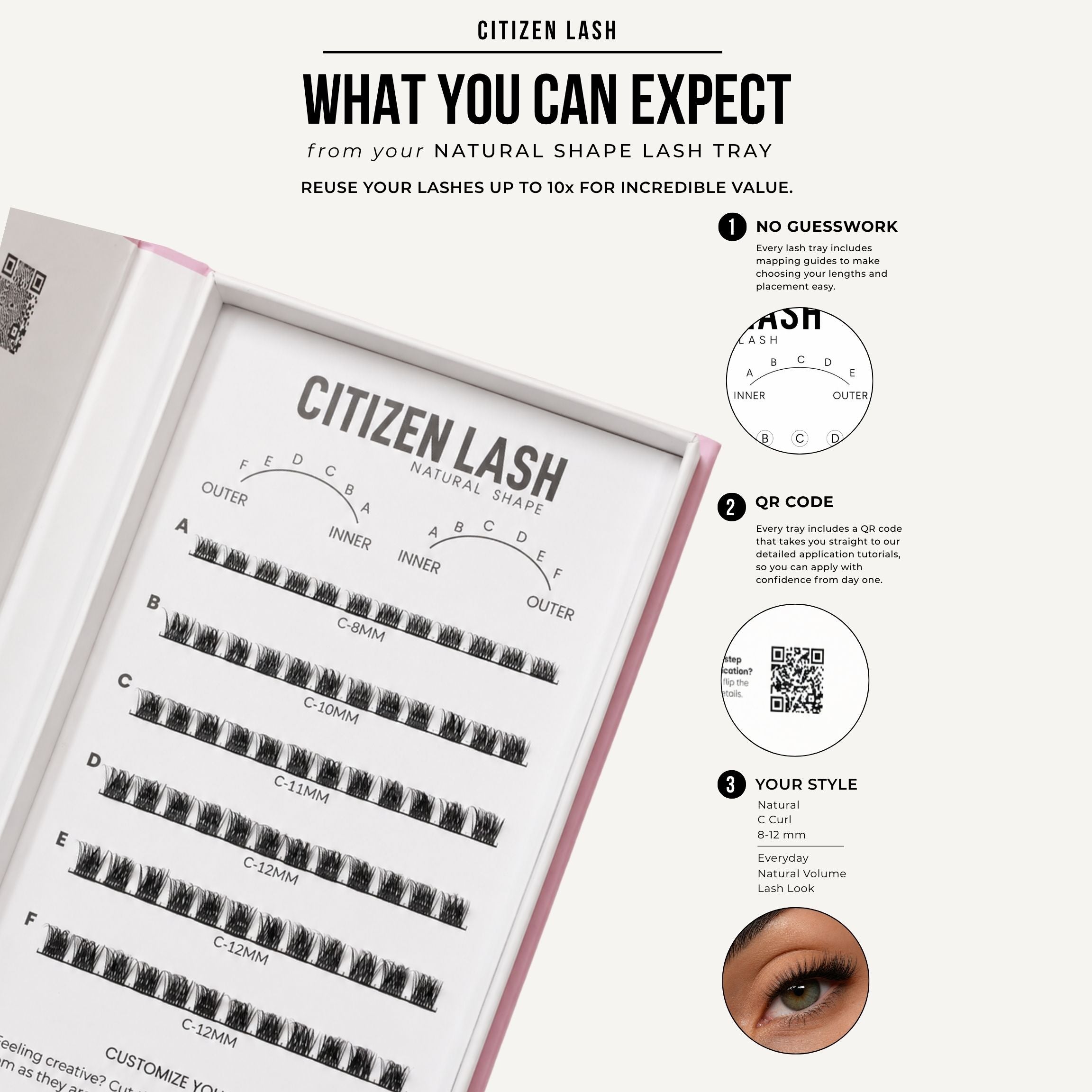 A promotional graphic for Citizen Lash false eyelash trays, showing an open tray with multiple rows of black lashes and printed instructions on the right side. The layout includes text explaining lash reuse and style options, plus a small eye photo.