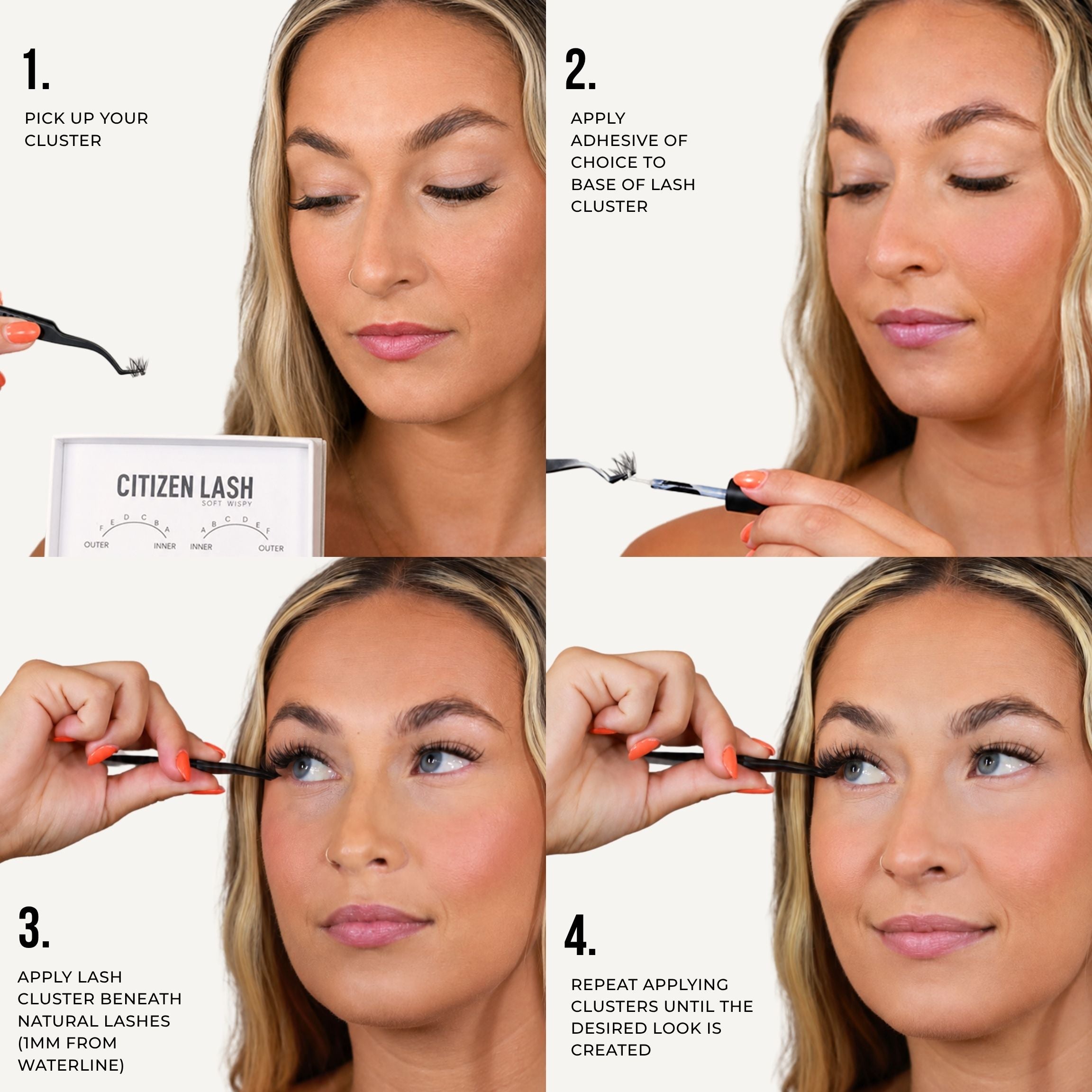 A four-panel instructional collage showing a woman applying lash clusters to her eyelashes. Text labels describe each step: pick up the cluster, apply adhesive to the base of the lash cluster, apply lash cluster beneath natural lashes, and repeat applying clusters until the desired look is created.