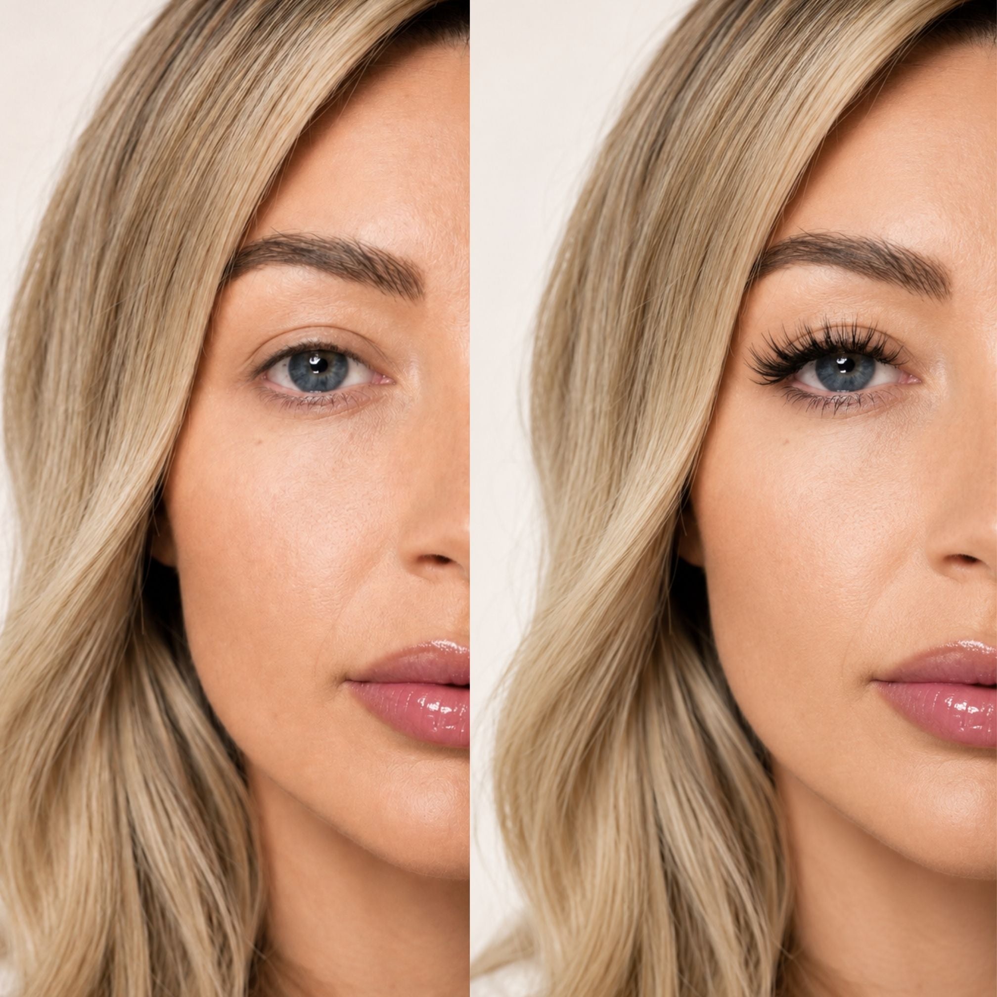 A split-screen close-up of a woman's face showing before-and-after makeup application, with the right side displaying fuller, longer eyelashes and glossy lips against a light neutral background.
