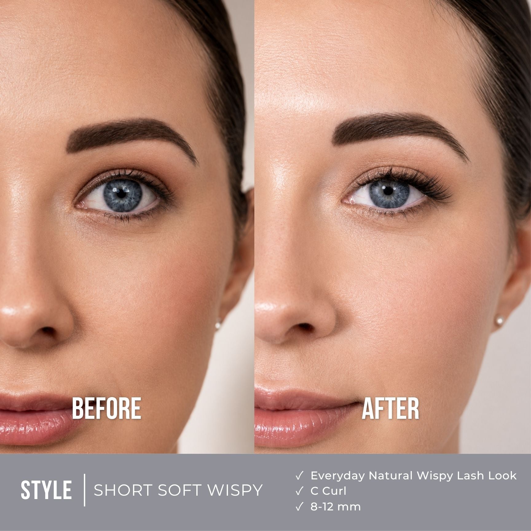 Before-and-after comparison of a woman's eye showing a short, soft, wispy eyelash look. The left side is labeled 'BEFORE' with natural, shorter lashes, and the right side is labeled 'AFTER' with longer, curled, and defined lashes.