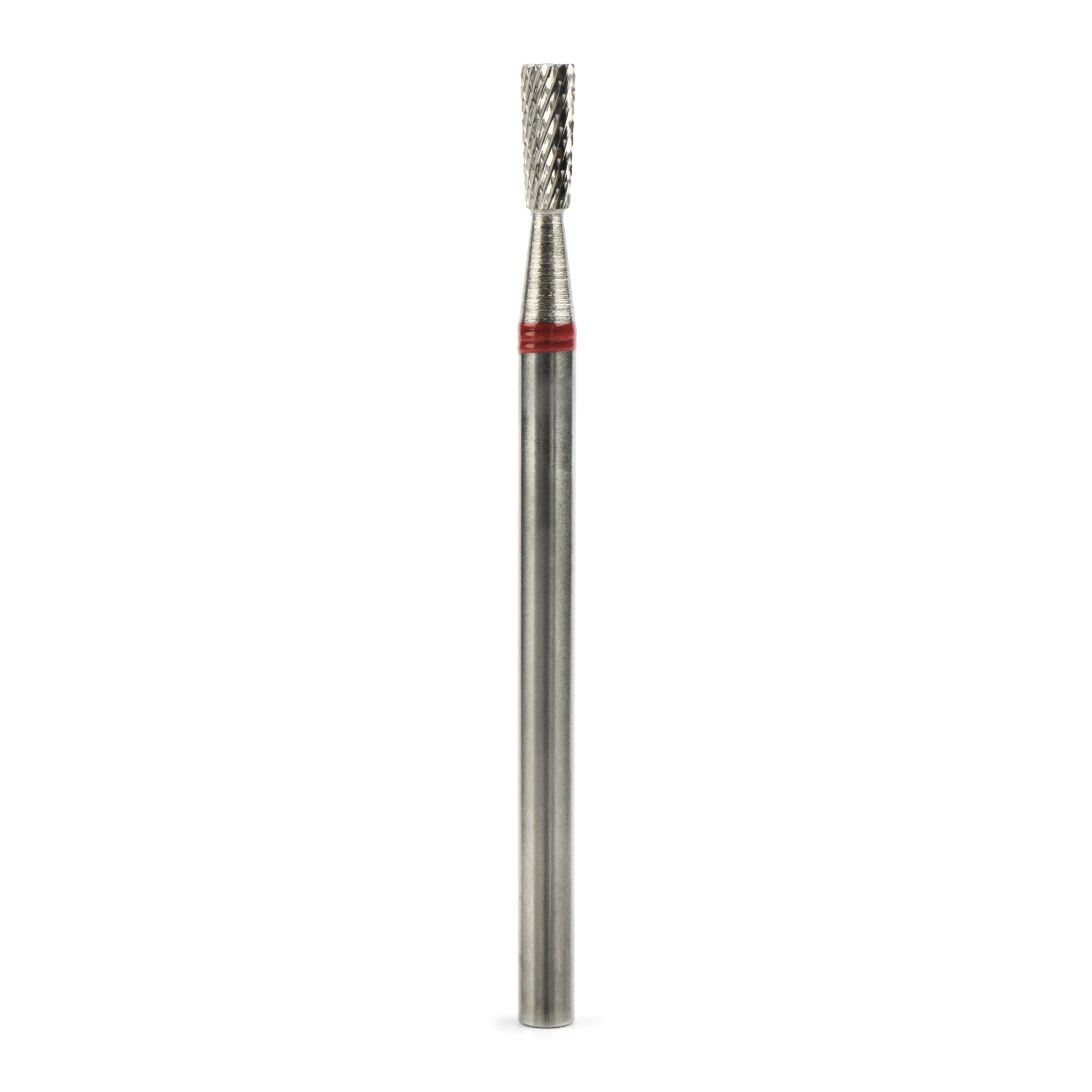 Metal drill bit with a red band on a white background