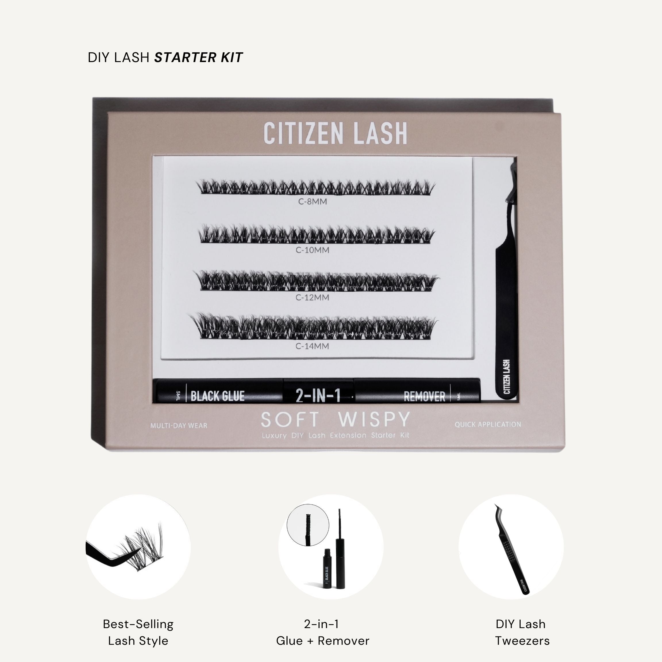 DIY Lash Starter Kit with lashes, glue, and remover on a beige background