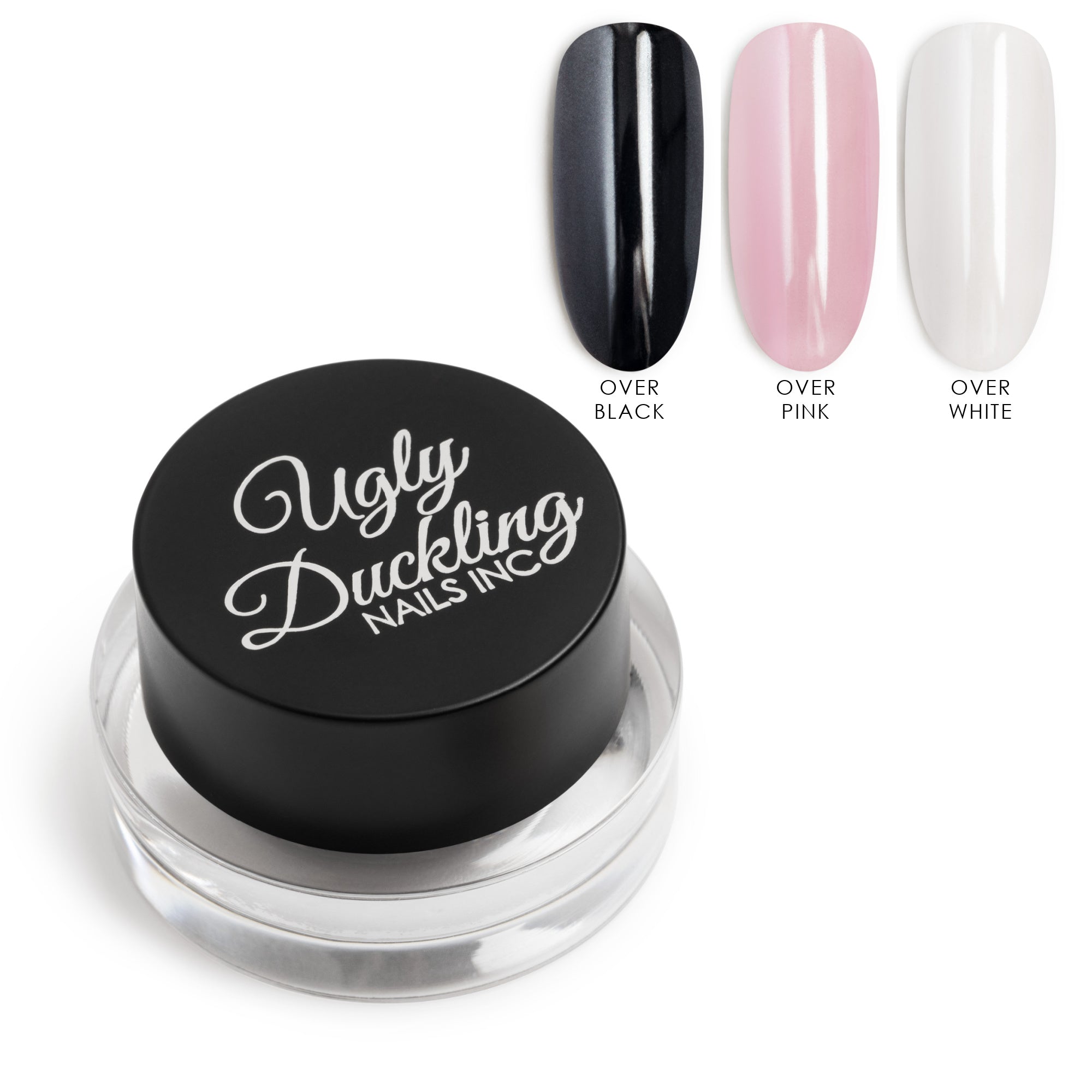 Nail polish container with 'Ugly Duckling Nails Inc.' branding and color swatches for black, pink, and white.