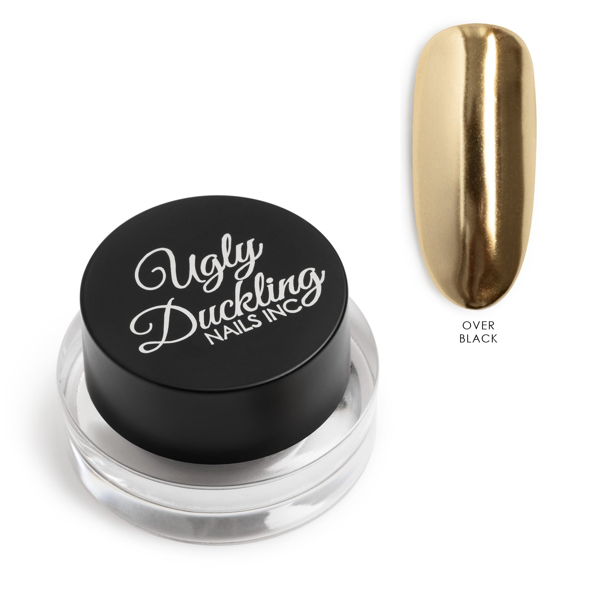 Ugly Duckling Nails Inc. nail polish container with a gold nail next to it on a white background
