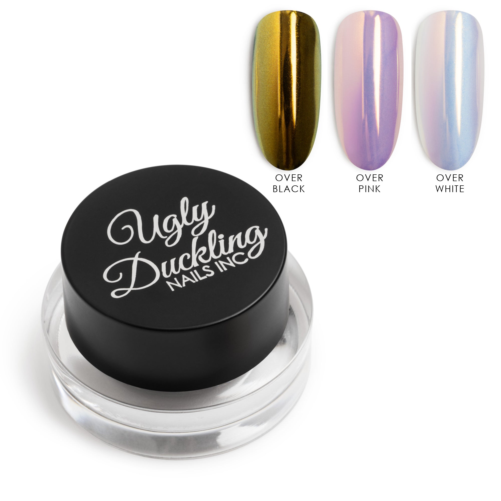 Ugly Duckling Nails Inc. nail art gel with color options over black, pink, and white on a white background.