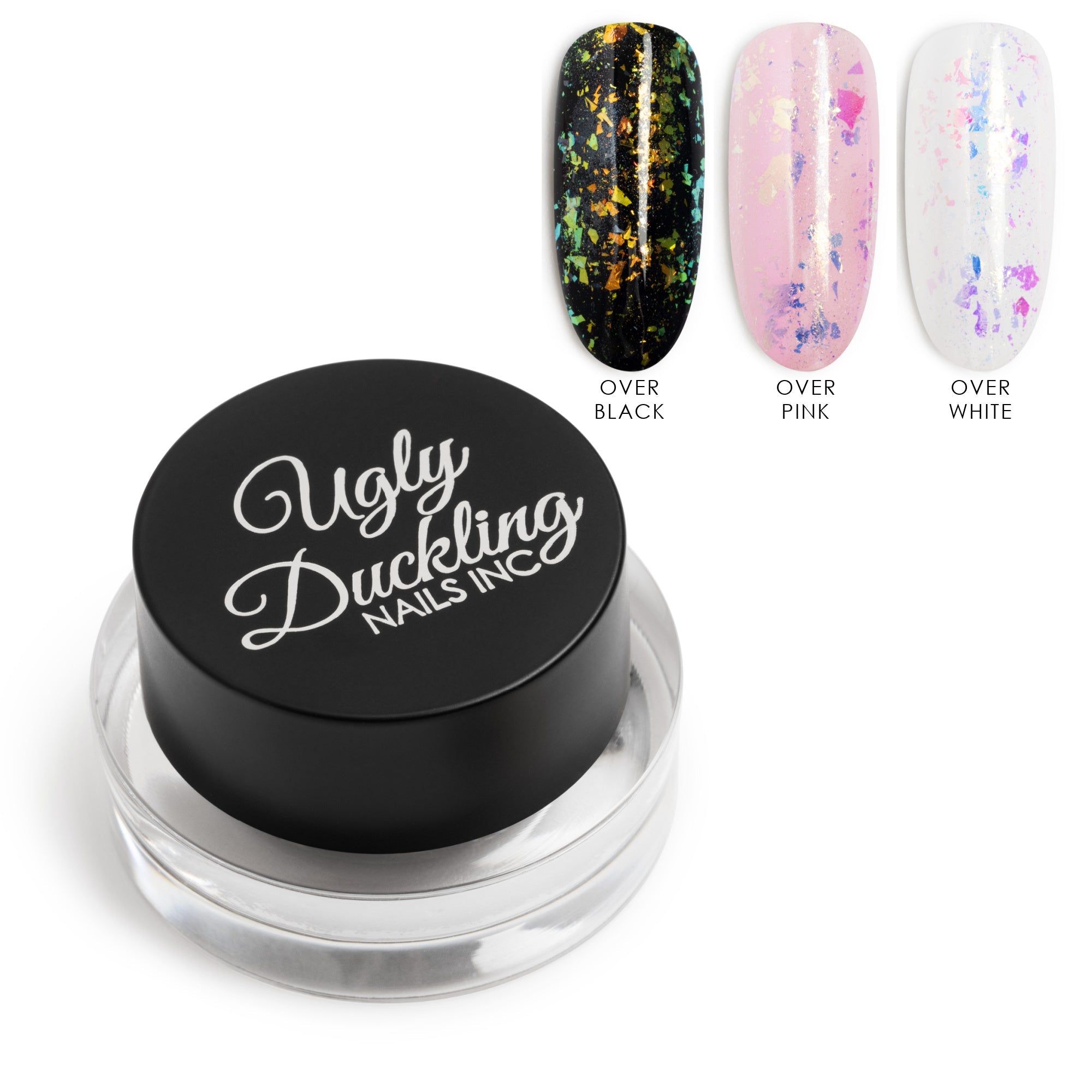 Ugly Duckling Nails Inc. nail art product with color options over black, pink, and white.