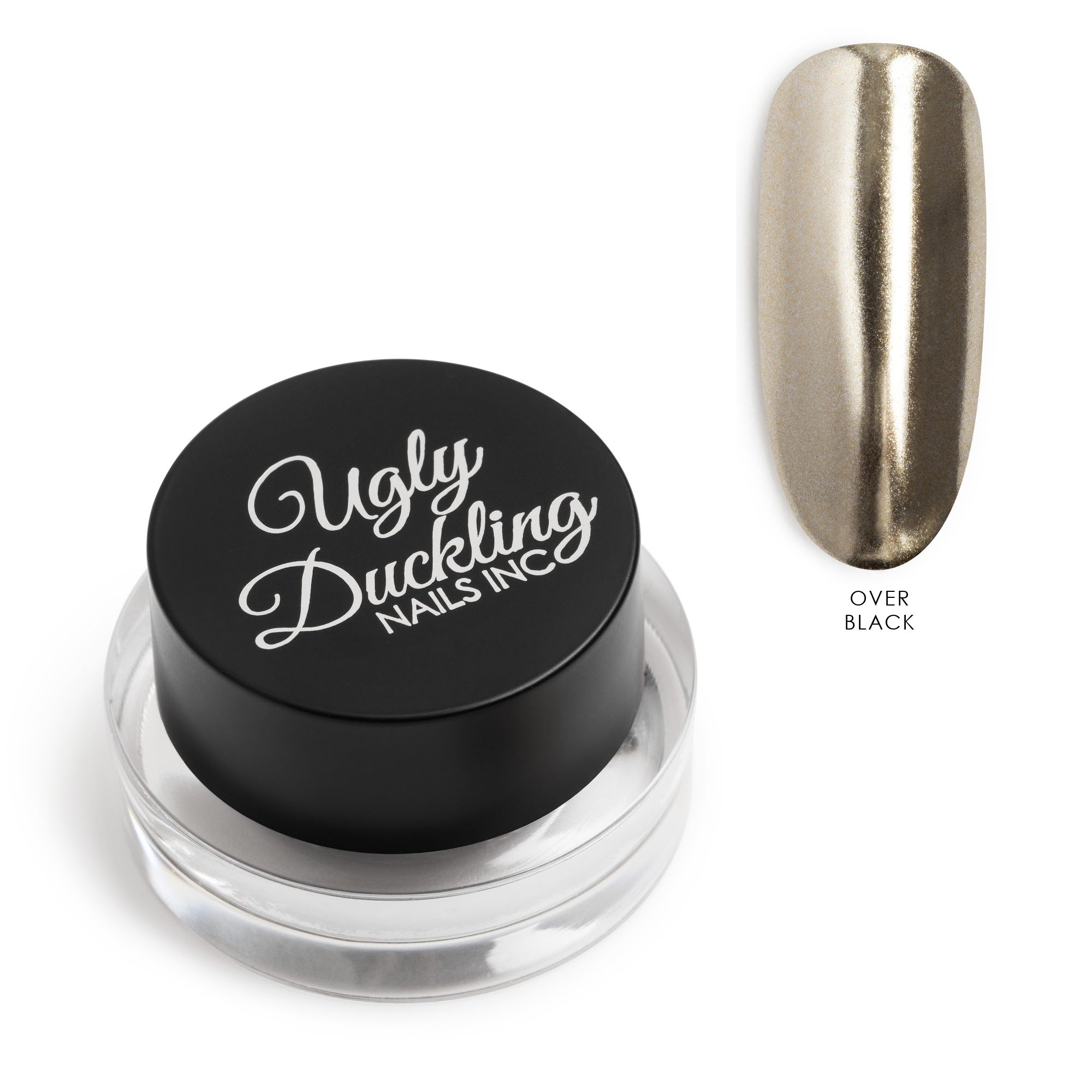 Ugly Duckling Nails Inc. nail polish container with a metallic gold nail next to it on a white background