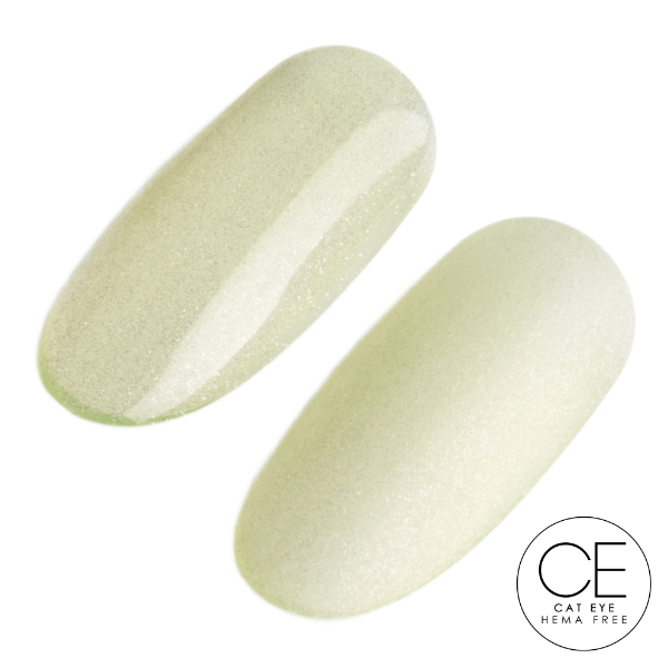 Two light green nail polish samples on a white background with 'Cat Eye' branding.