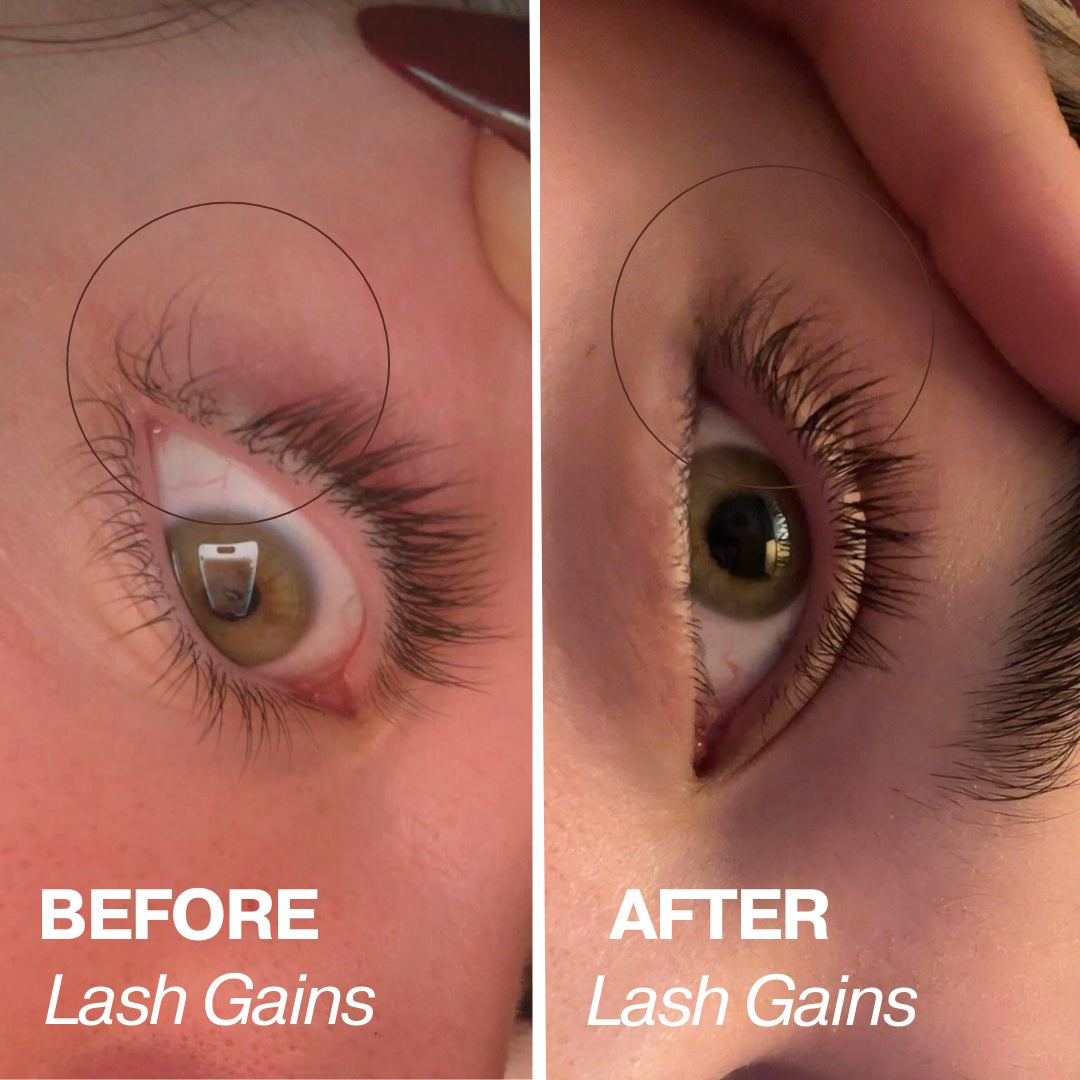 Before and after comparison of eyelashes with 'Lash Gains' text.
