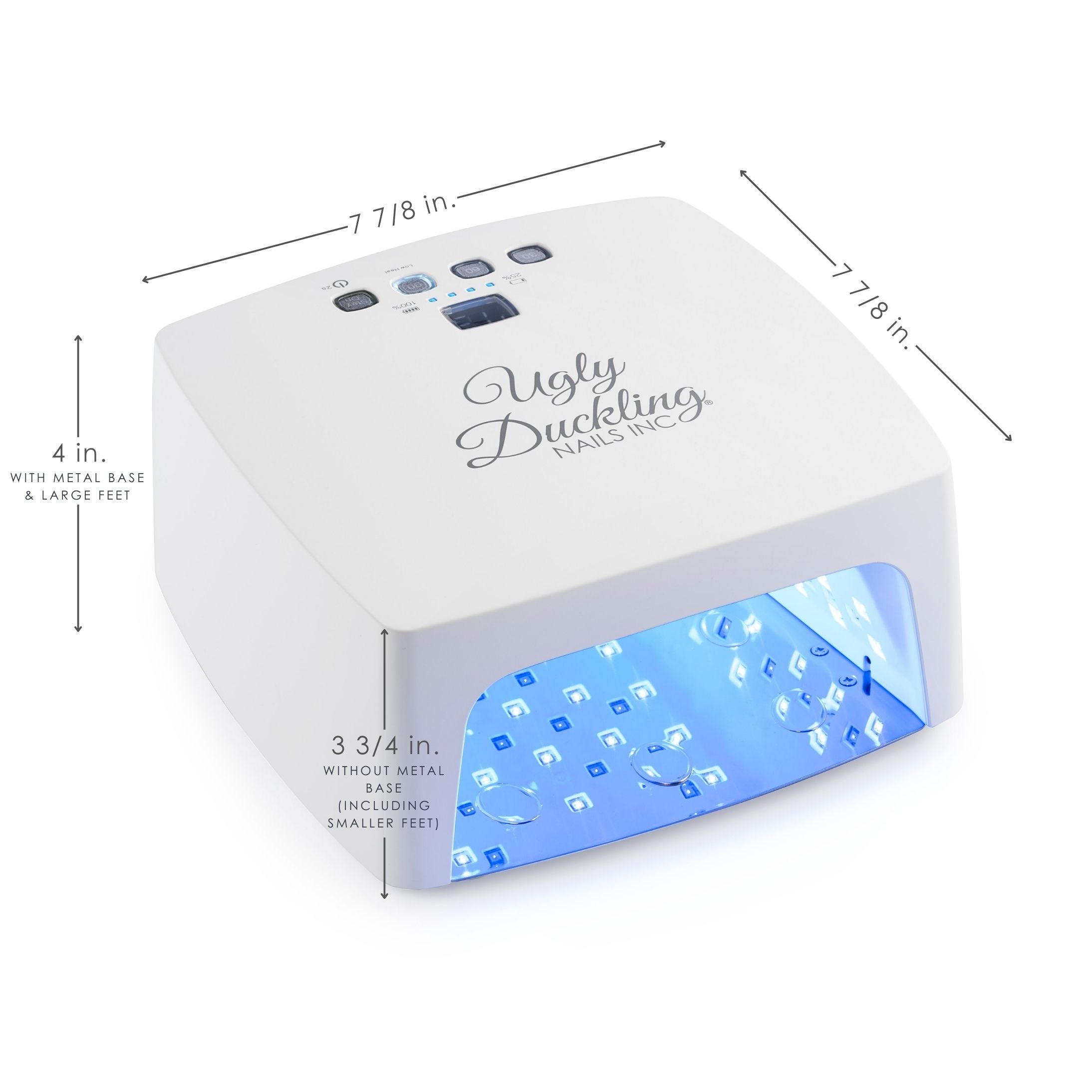 Ugly Duckling Nails Inc. nail lamp with dimensions on a white background