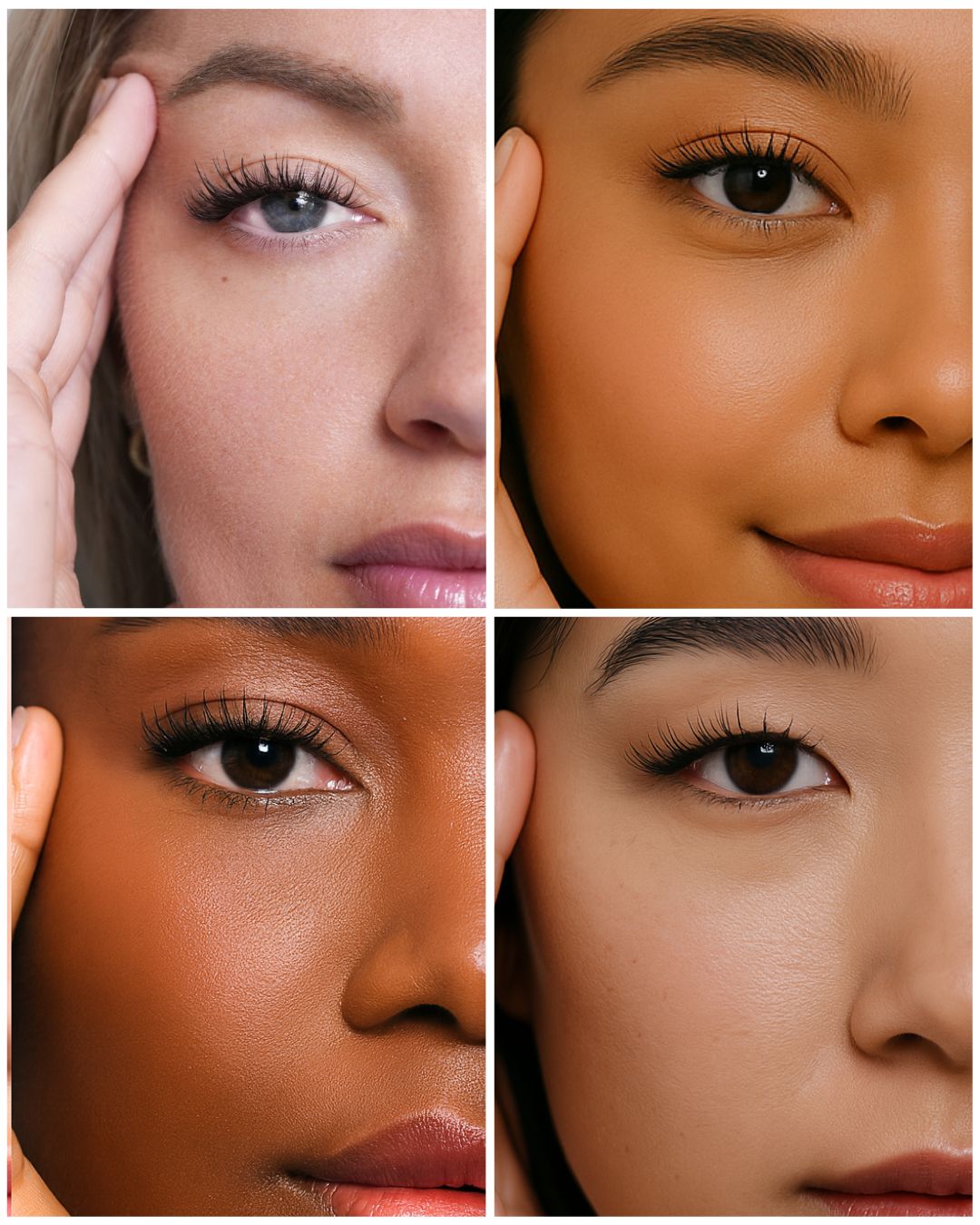 Collage of four close-up portraits with a focus on eyes and skin tones.