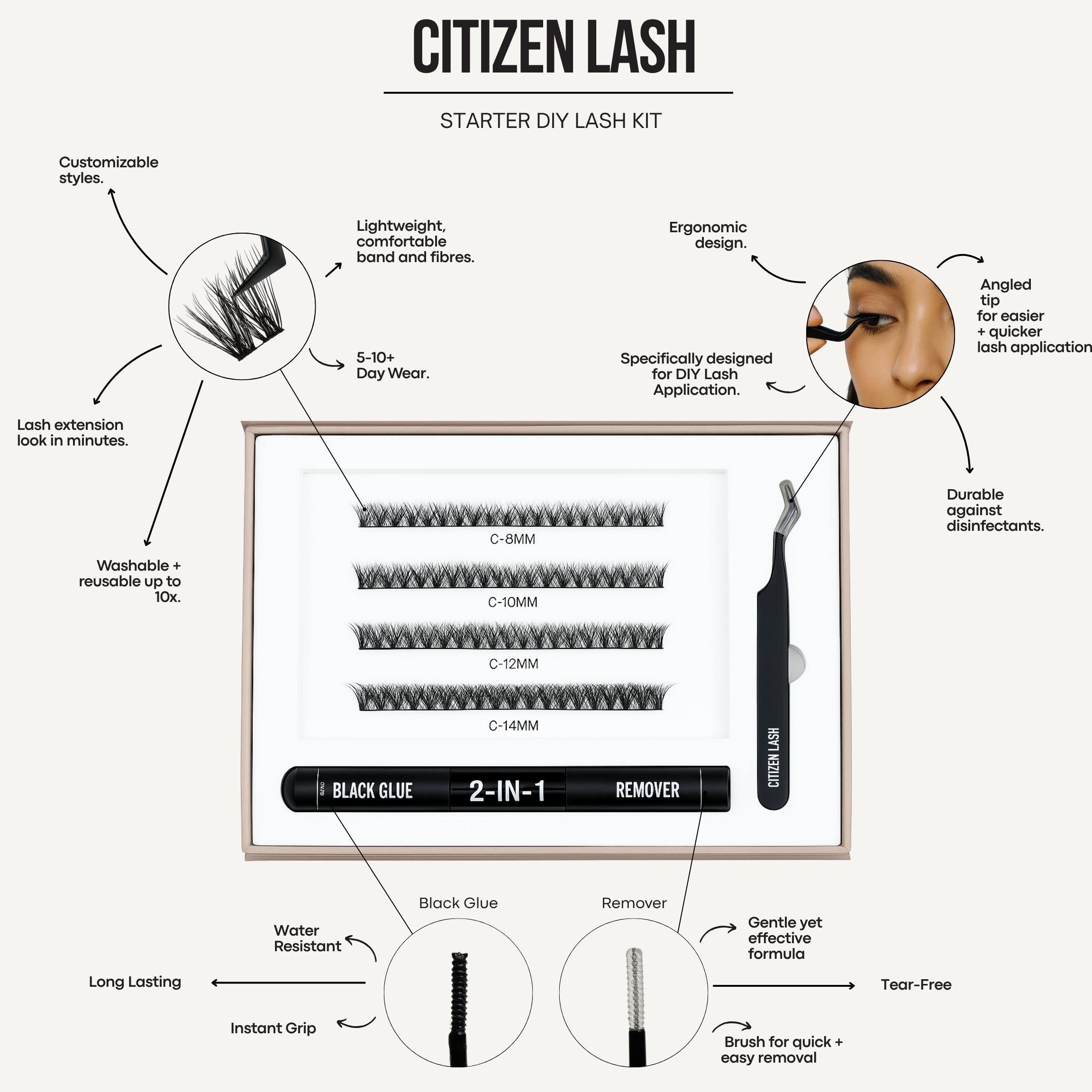 Citizen Lash starter DIY lash kit with lashes, glue, and remover on a white background