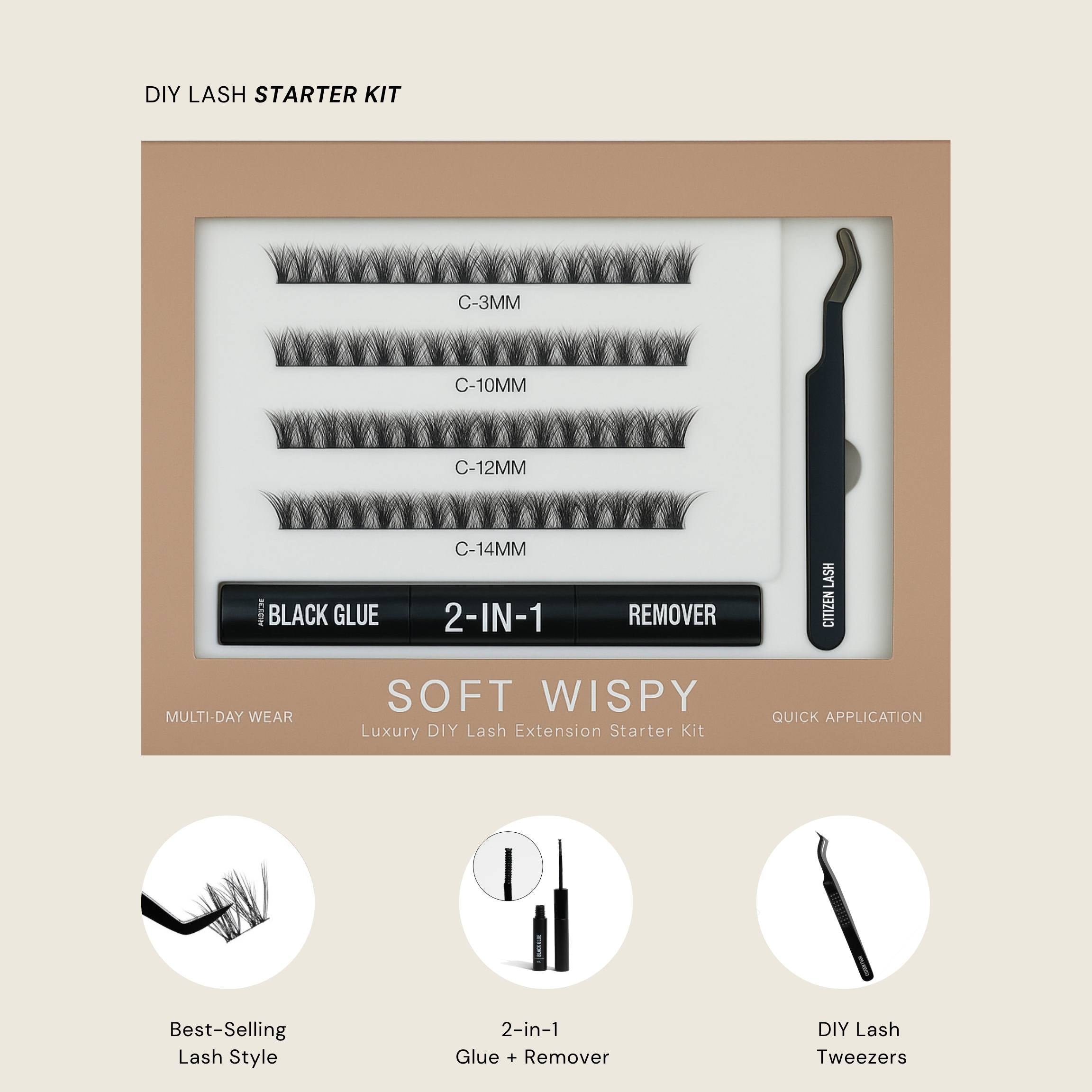 DIY Lash Starter Kit with lashes, glue, and remover on a beige background