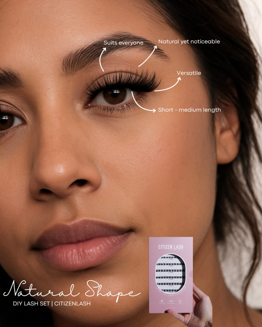 Woman with false eyelashes and Citizen Lash packaging on a neutral background