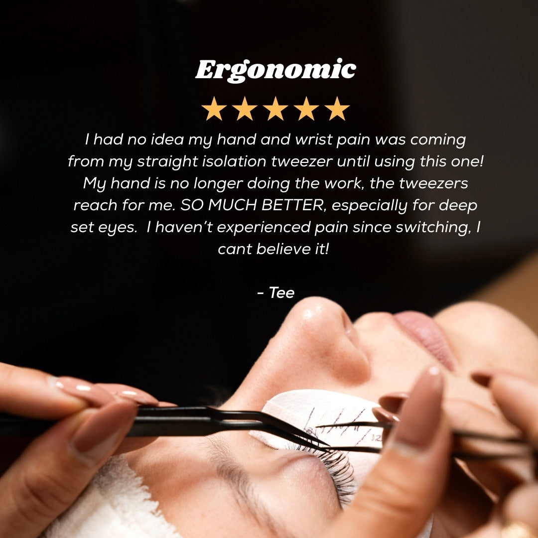 Person using ergonomic tweezers for eyelash extensions with a five-star rating text overlay.