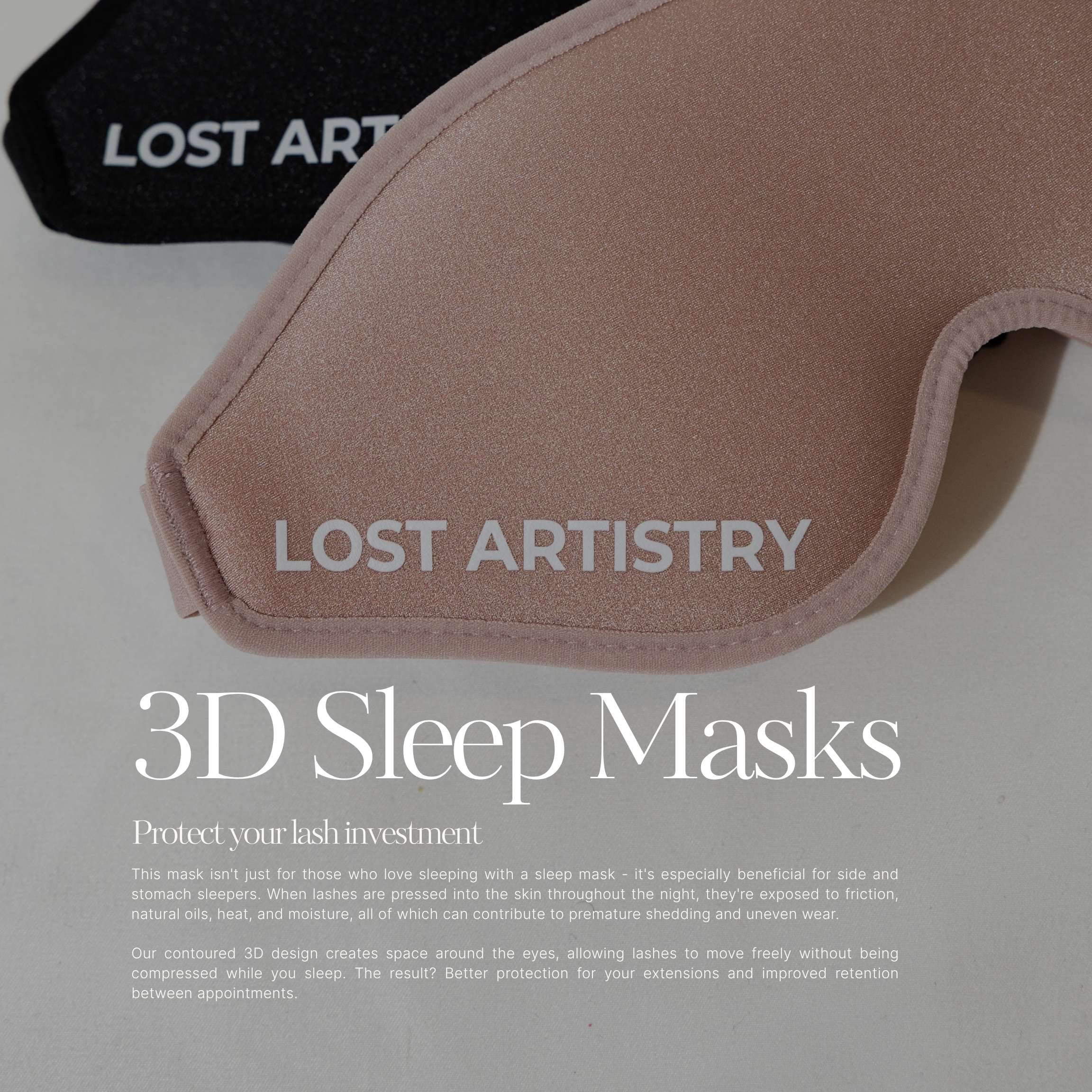 Lost Artistry 3D sleep mask on a light gray background