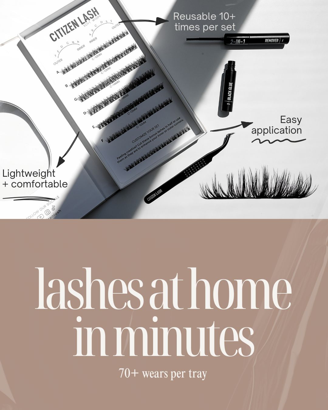 Eyelash product set with application tools on a white background