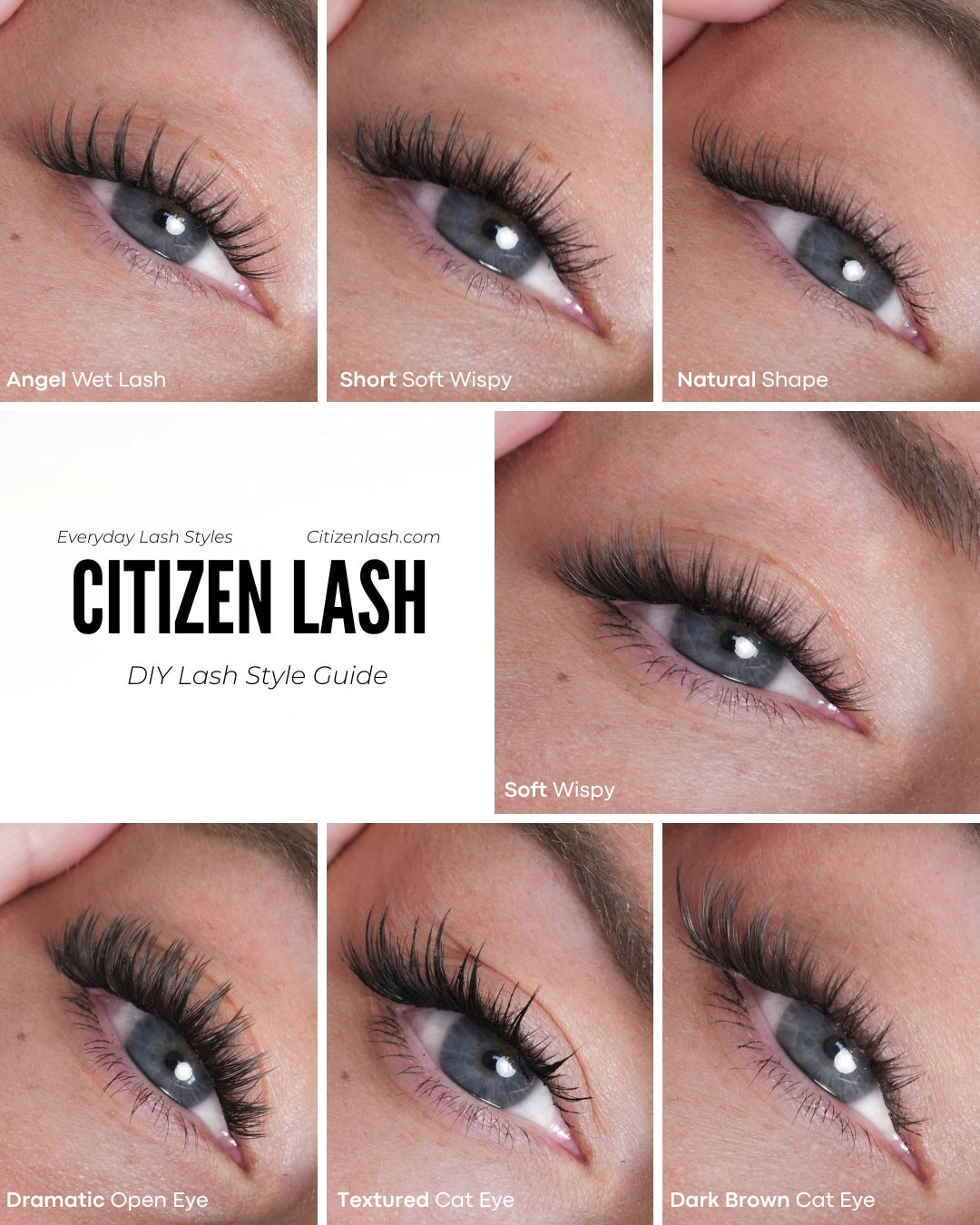 Citizen Lash DIY Lash Style Guide with various lash styles on eyes.
