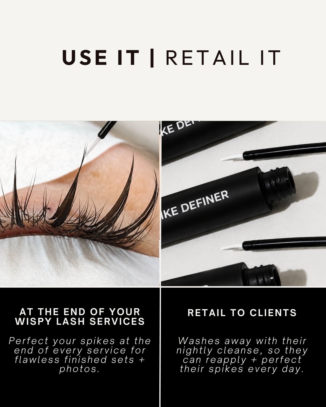 Promotional graphic for a lash definer, showing a close-up of a person's eye with long dark lashes on the left and several black applicator pens on the right, with text reading 'USE IT | RETAIL IT' and product descriptions.