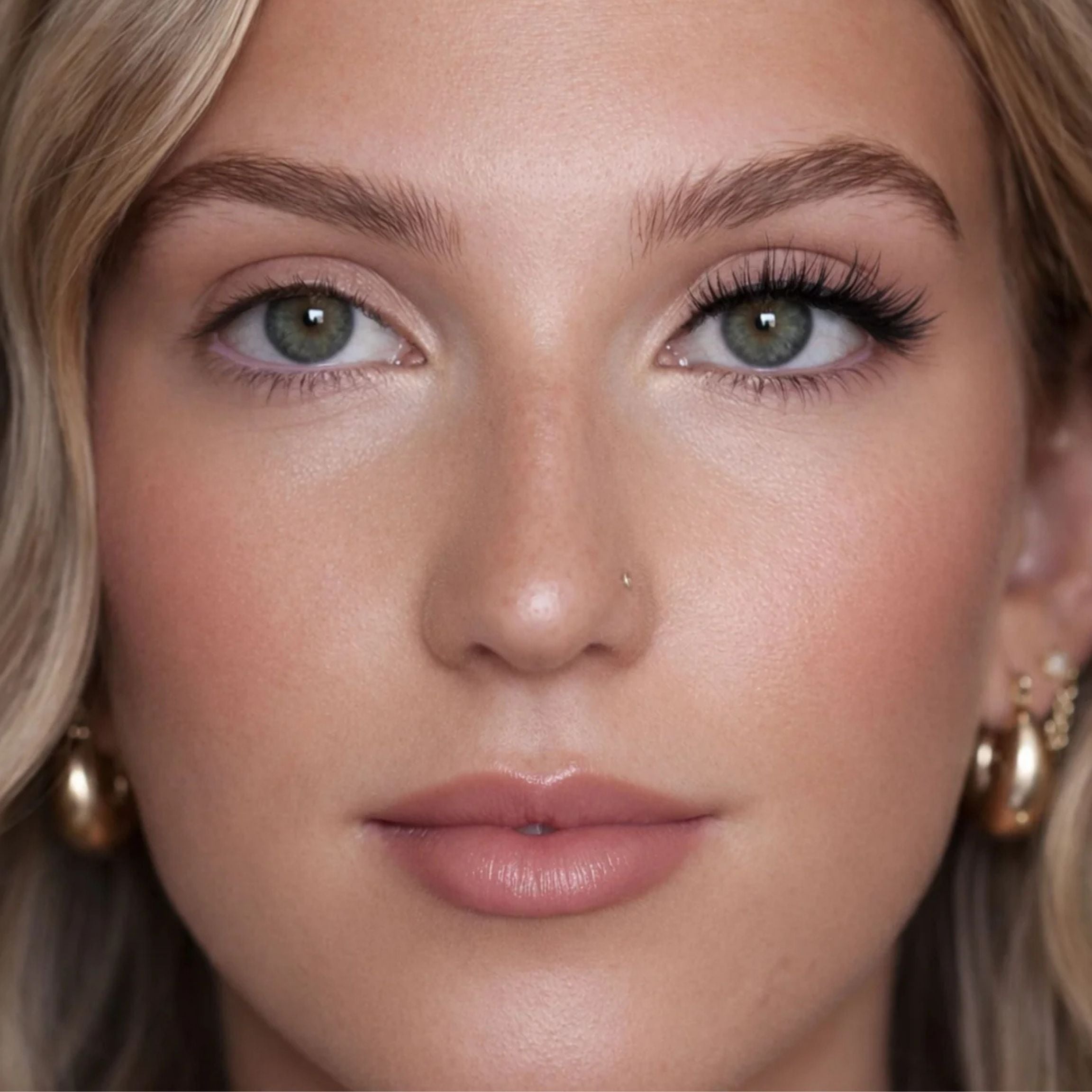 Close-up of a woman's face wearing long, curled black eyelashes and gold hoop earrings.