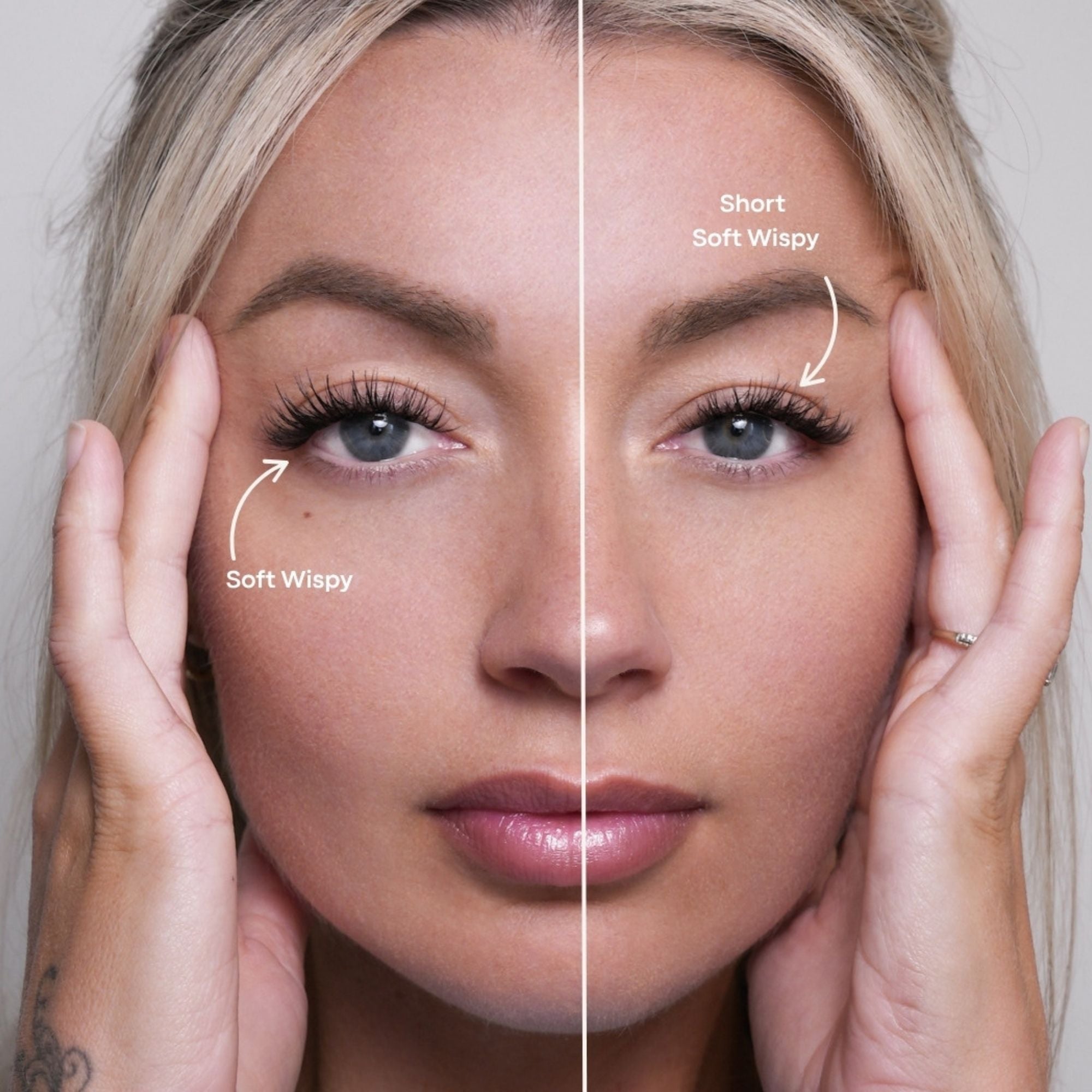 Close-up of a woman's face with a vertical split showing lash styles labeled 'Soft Wispy' on the left and 'Short Soft Wispy' on the right, likely demonstrating false eyelash or lash extension results.