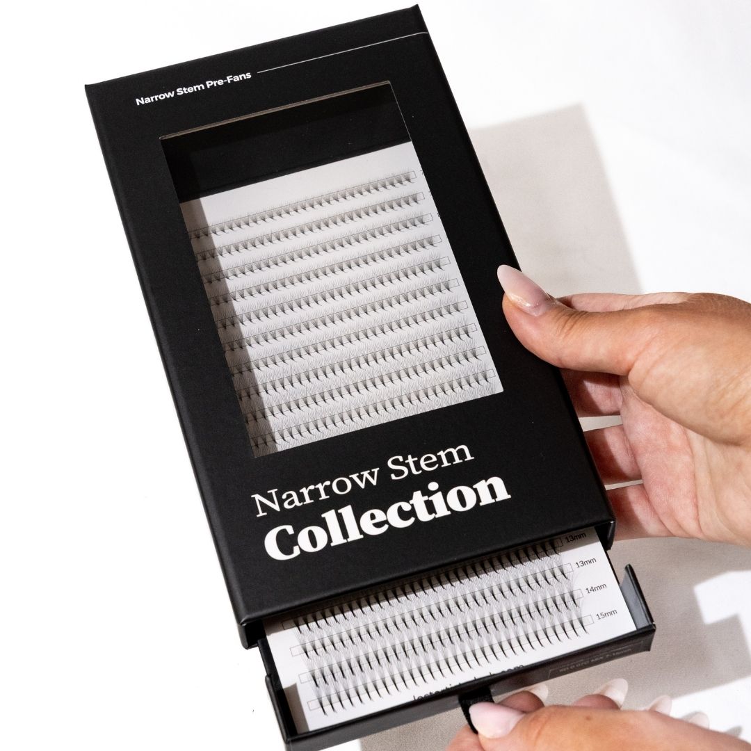 Eyelash extension kit with 'Narrow Stem Collection' text on a white background