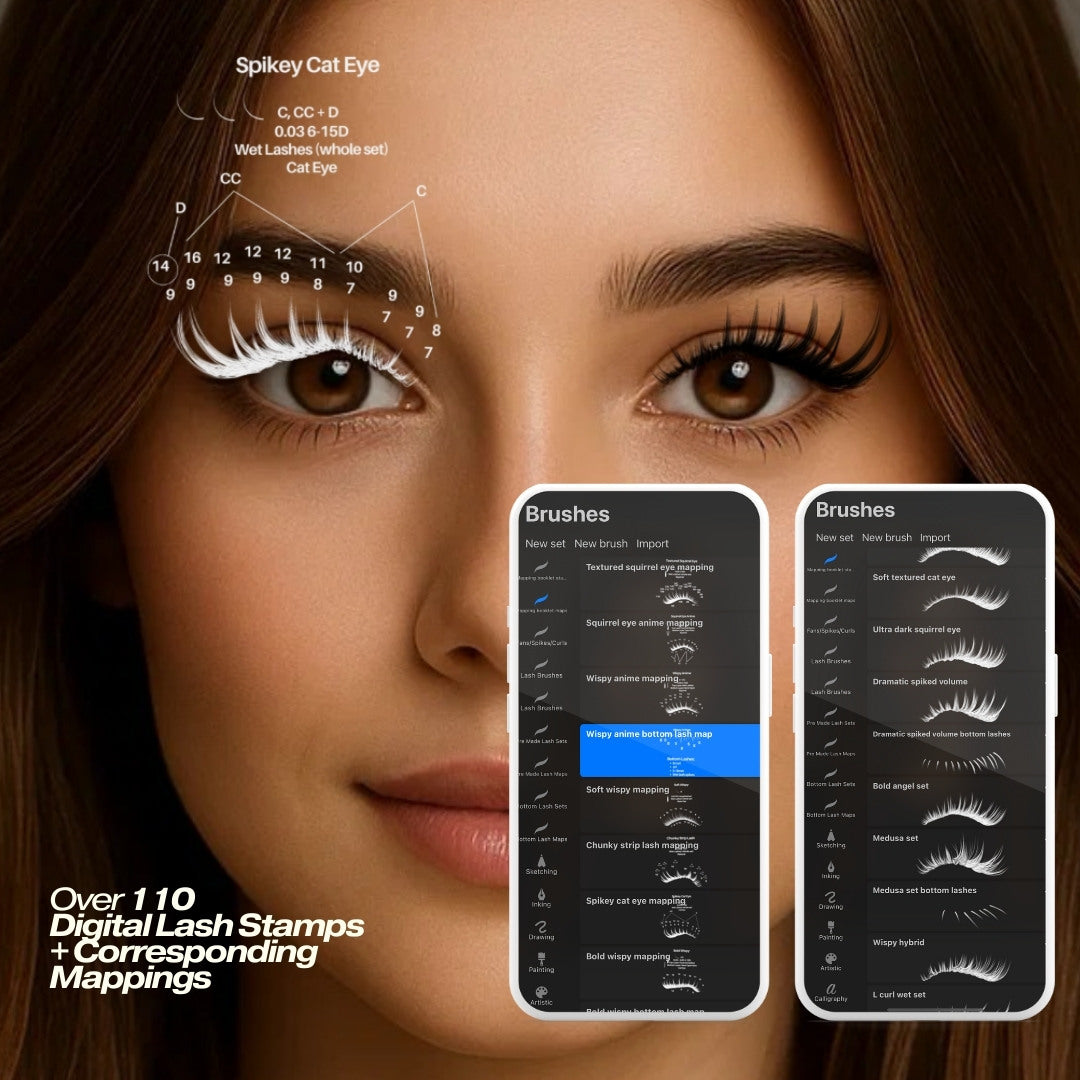 Woman's face with digital lash stamps and corresponding mappings displayed on a dark background
