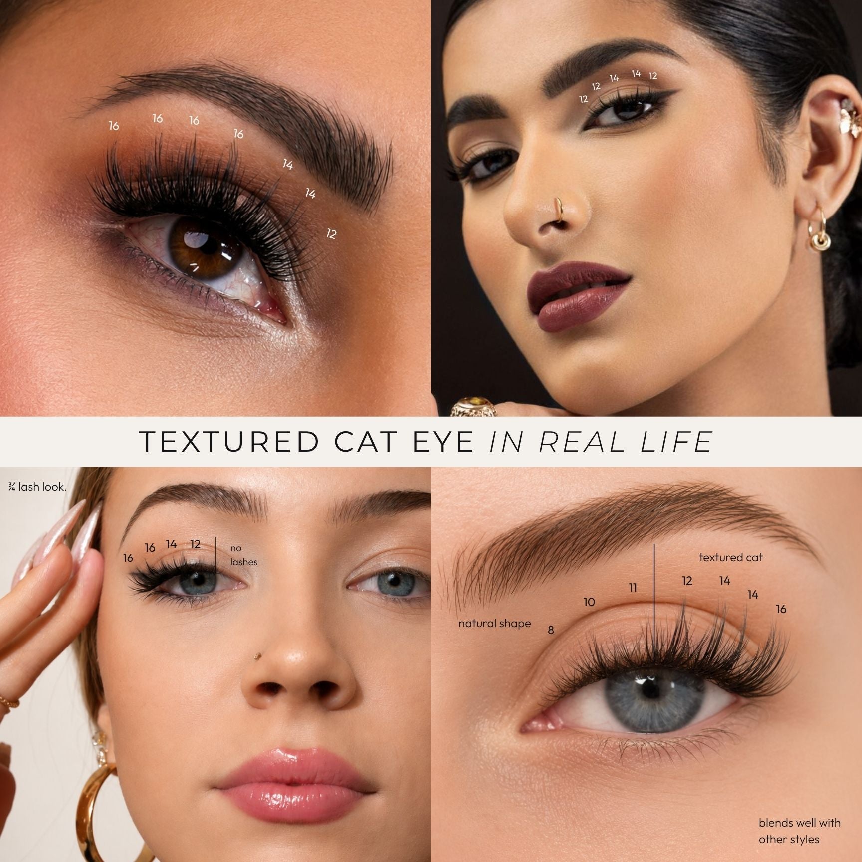 A four-panel collage demonstrating the 'Textured Cat Eye' false eyelash look on different models. The top-left panel shows a close-up of a brown eye with long, curled, and layered lashes, defined eyebrows, and small white measurement markers.