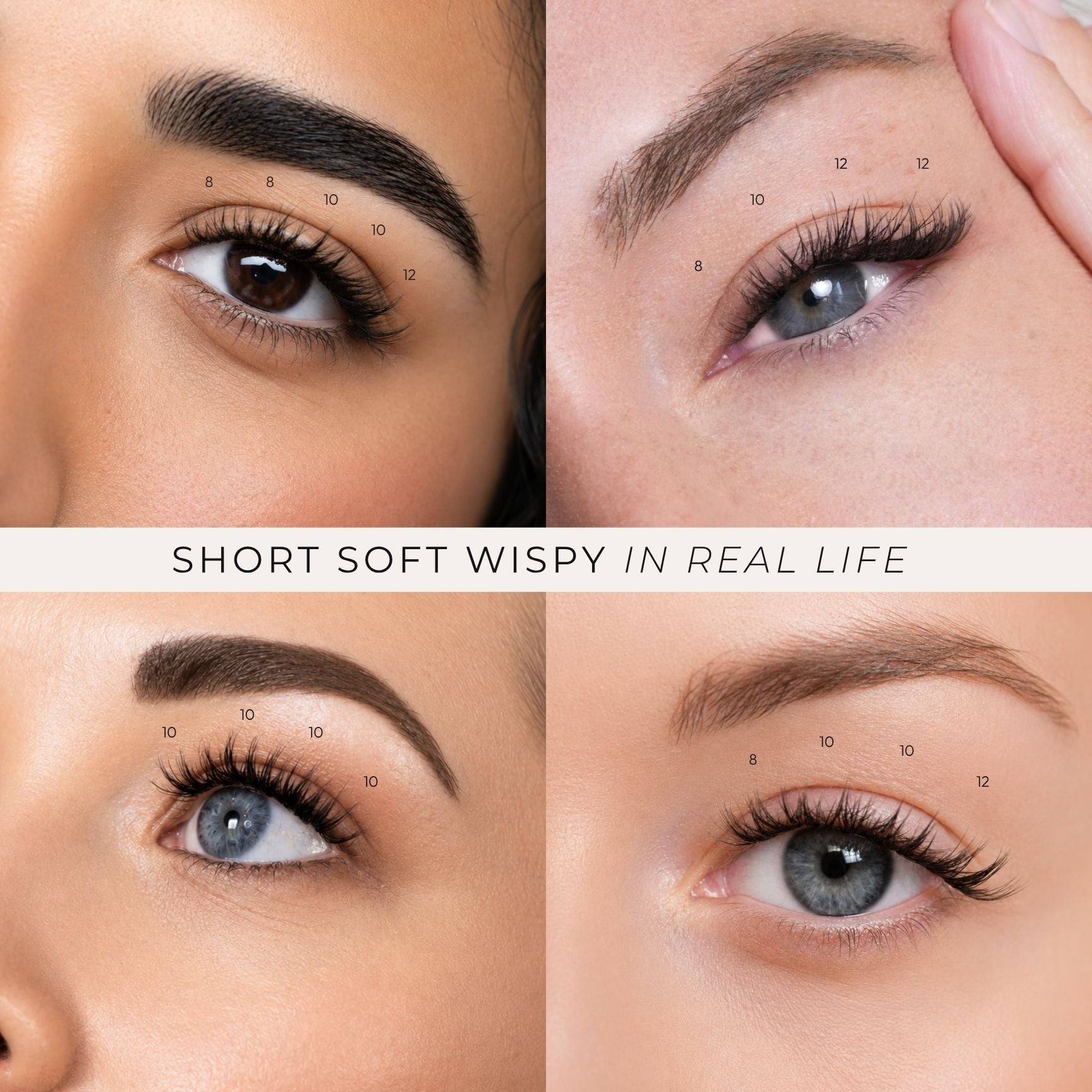 Four-panel close-up collage of eyes showing eyebrow and lash makeup results, with small numbered callouts and the text 'SHORT SOFT WISPY IN REAL LIFE' across the center.