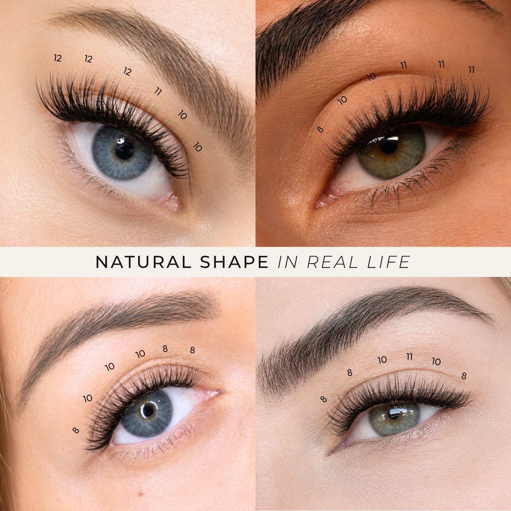 Four-panel close-up collage of human eyes with false eyelashes and eyebrow makeup, overlaid with small numbered guides (8, 10, 11, 12, 8) showing lash and brow shapes. A central banner reads 'NATURAL SHAPE IN REAL LIFE'.