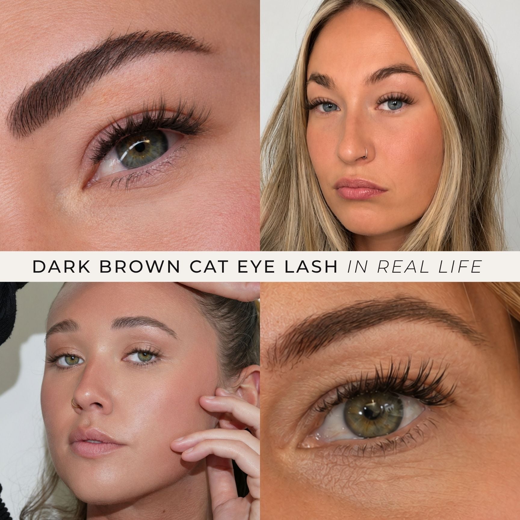 A four-panel collage showing close-up views of a woman's eye with long, dark brown cat-eye lashes and eyebrow, plus a central text banner reading 'DARK BROWN CAT EYE LASH IN REAL LIFE'.
