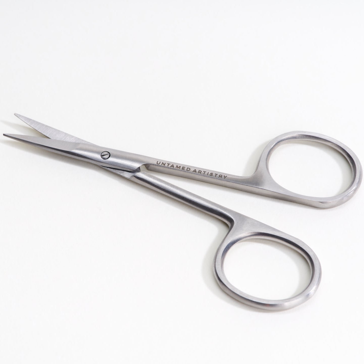 Pair of silver scissors on a white background