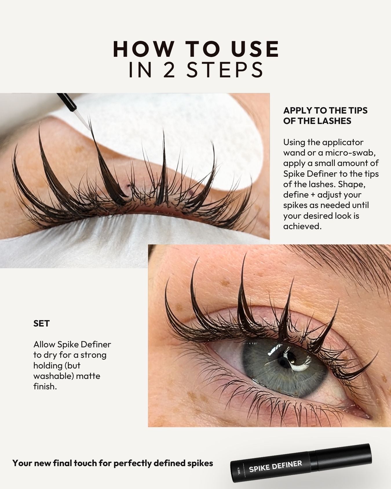 Instructional graphic titled 'HOW TO USE IN 2 STEPS' showing close-up examples of applying and setting Spike Definer eyelash extensions. The top panel demonstrates applying the product to lash tips, and the bottom panel shows the lashes set with text instructions.