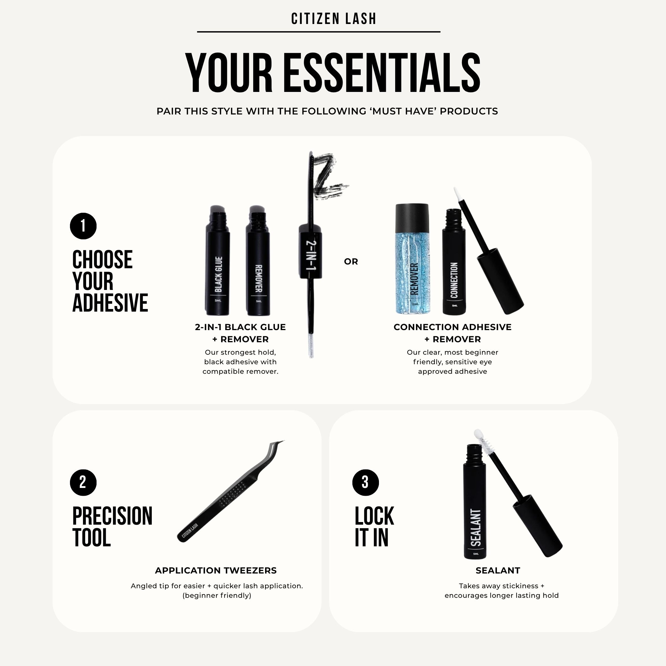 A promotional graphic for Citizen Lash Essentials showing a step-by-step guide with product images and text for adhesive choices, tools, and sealant on a light gray background.