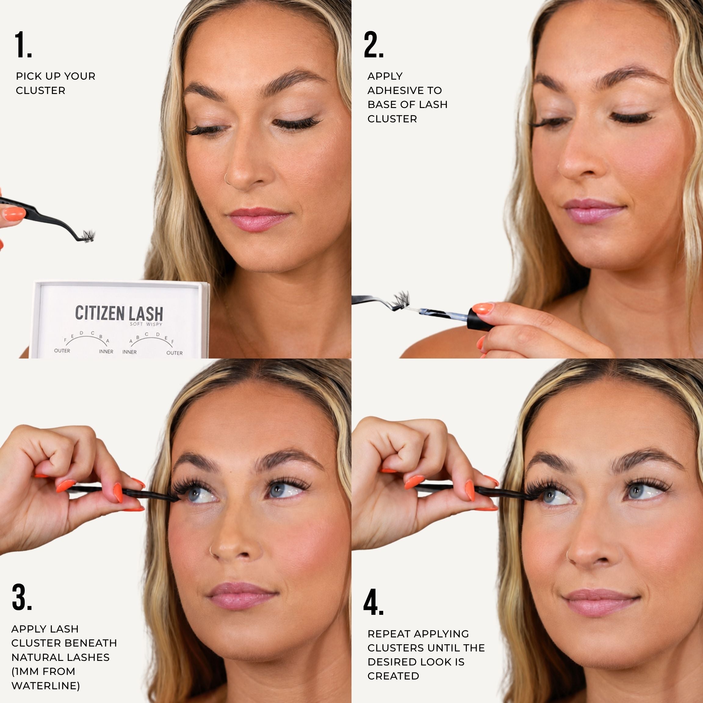 A four-panel instructional collage showing a woman applying lash clusters to her eyelashes. Text labels describe each step: pick up the cluster, apply adhesive to the base of the lash cluster, apply lash cluster beneath natural lashes, and repeat applying clusters until the desired look is created.