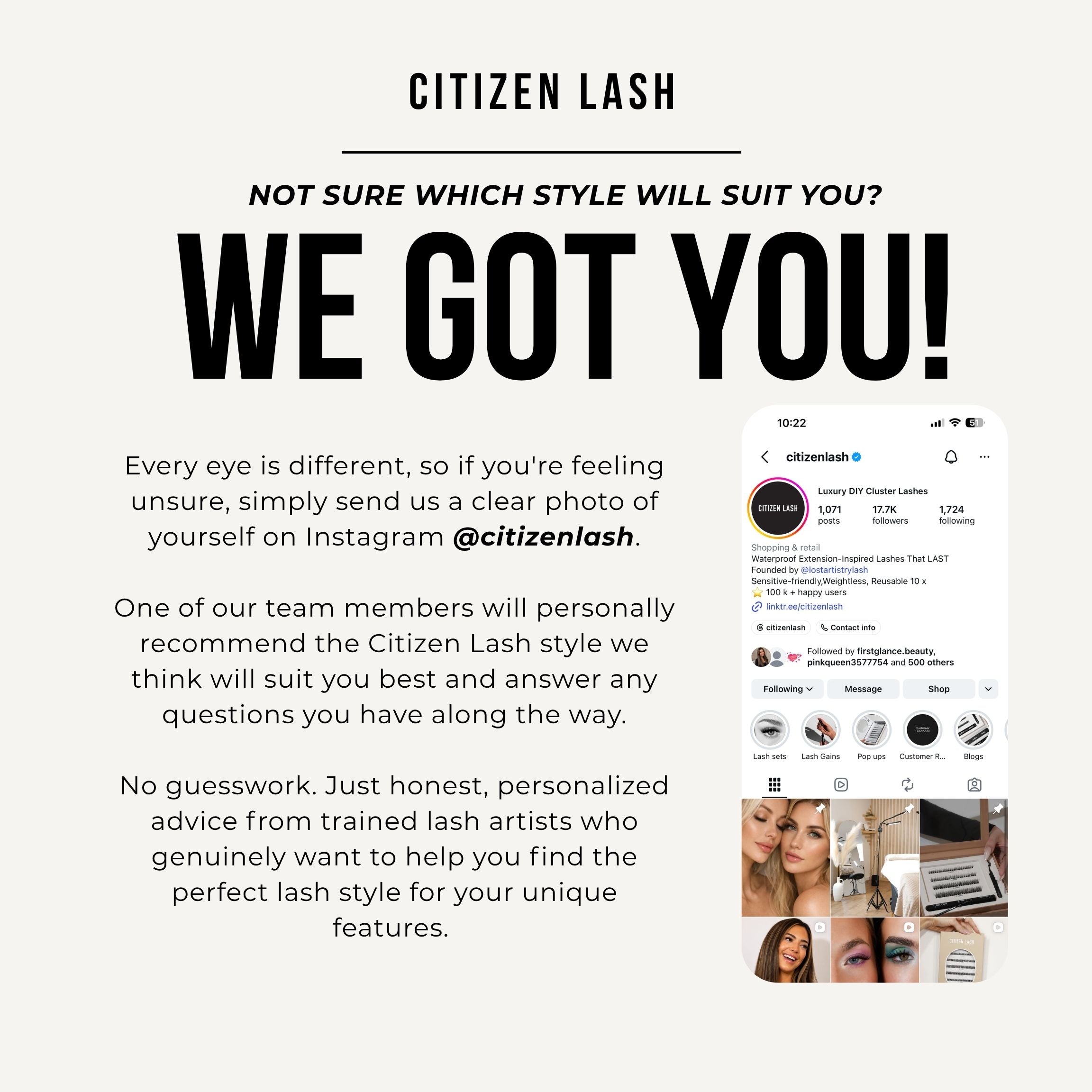 Promotional graphic for Citizen Lash with text on a light beige background and a small screenshot of the brand's Instagram profile on the right.