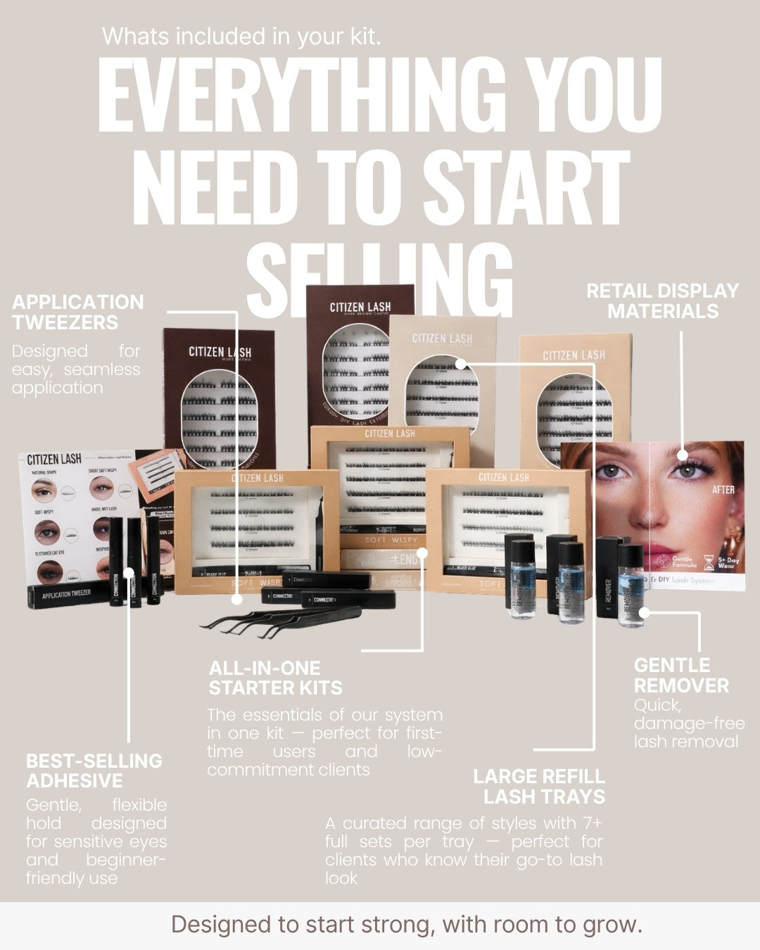 Cosmetic kit with various items including tweezers, adhesive, and display materials on a gray background.