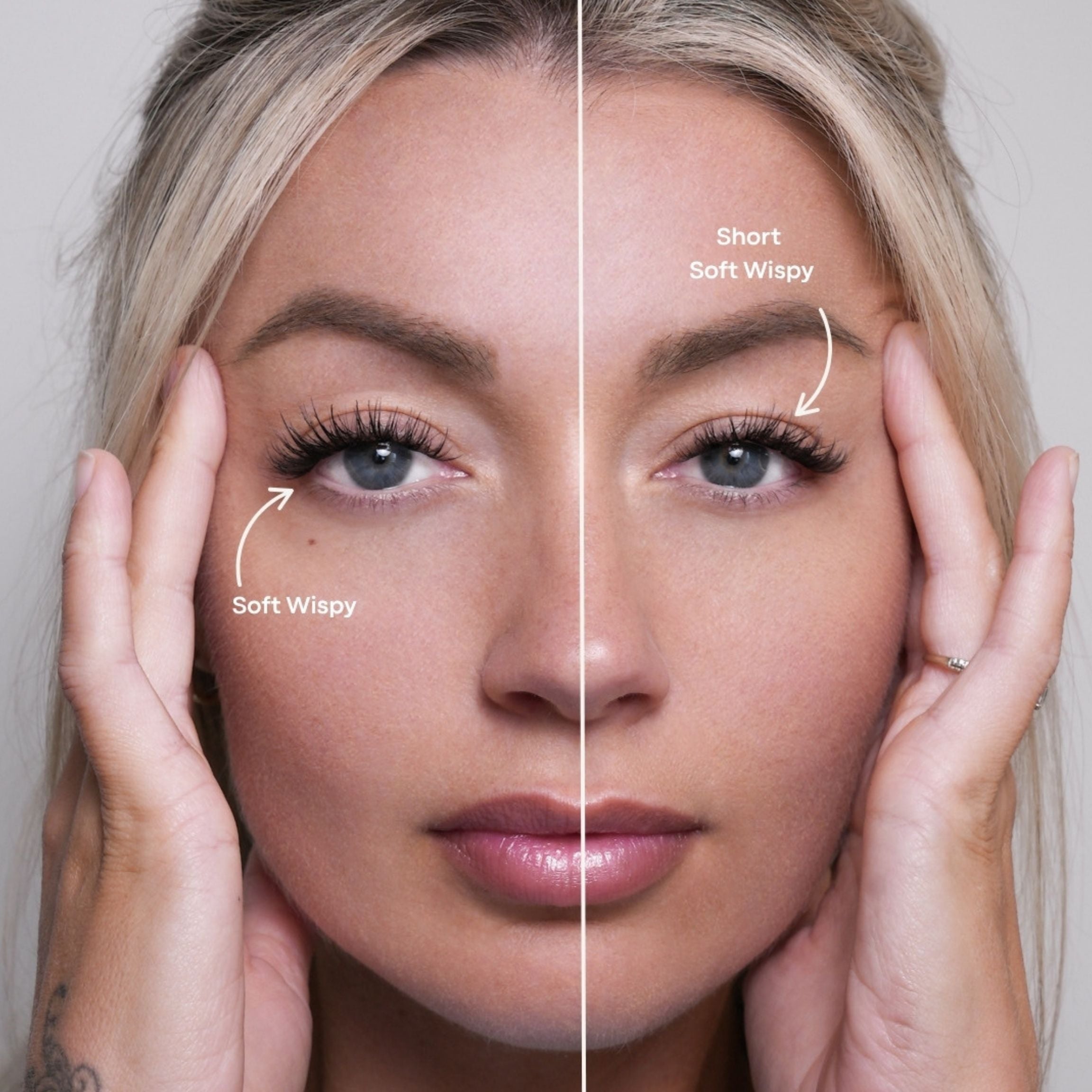 Close-up split-screen comparison of a woman's eyes, showing lash styles labeled 'Soft Wispy' on the left and 'Short Soft Wispy' on the right, with her hands framing her face against a light gray background.