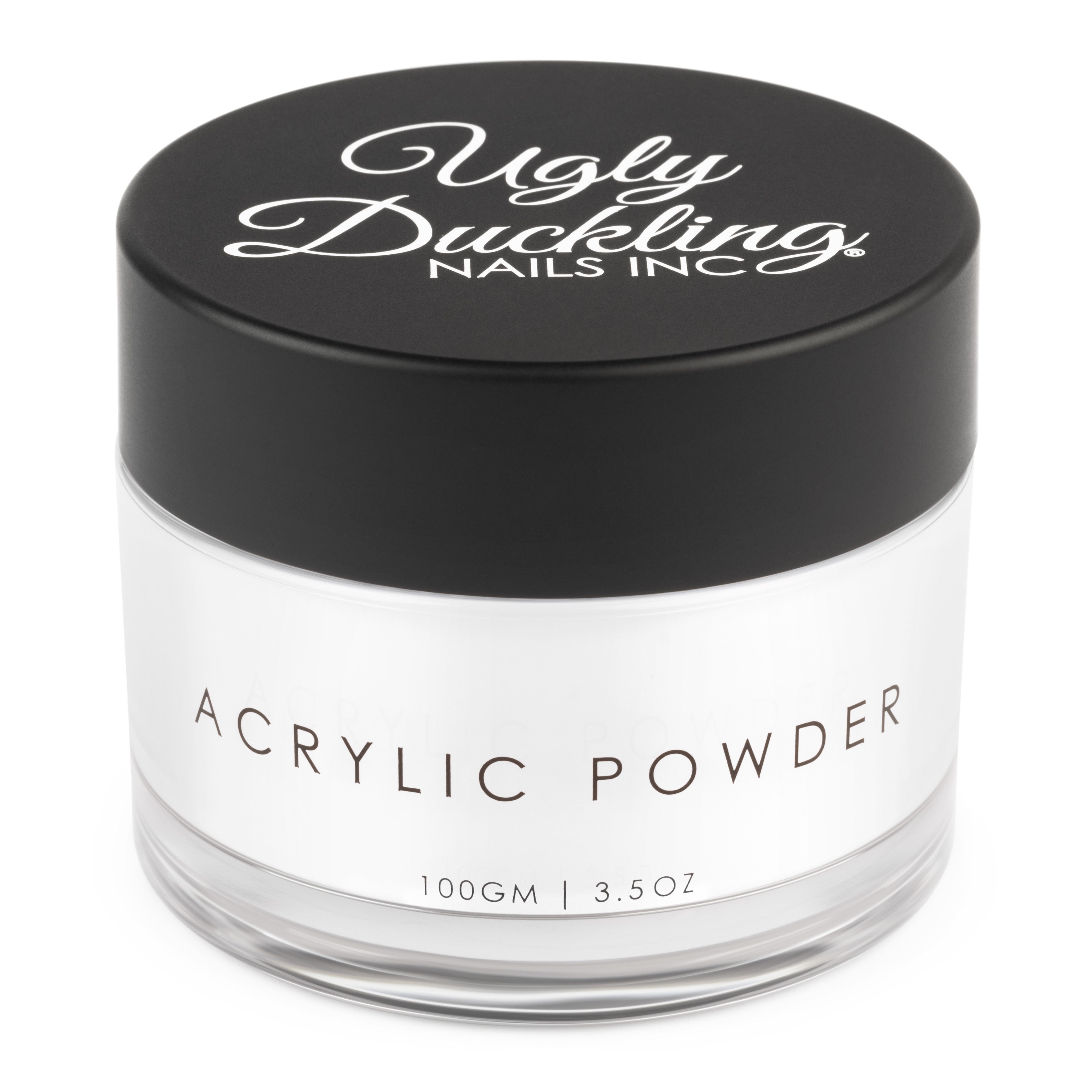 Jar of Ugly Duckling Nails Inc. acrylic powder with black lid on a white background
