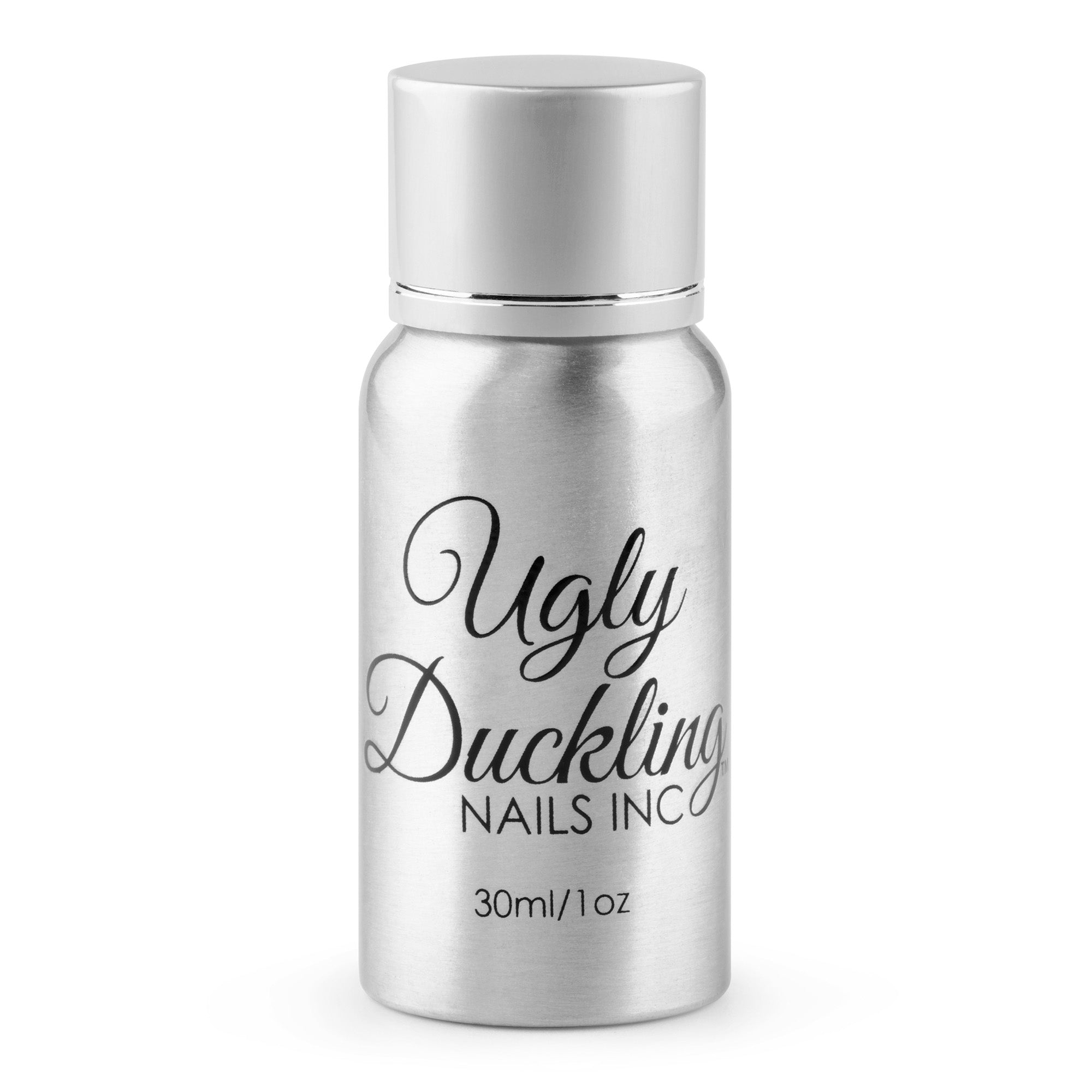 Silver bottle labeled 'Ugly Duckling Nails Inc.' on a white background
