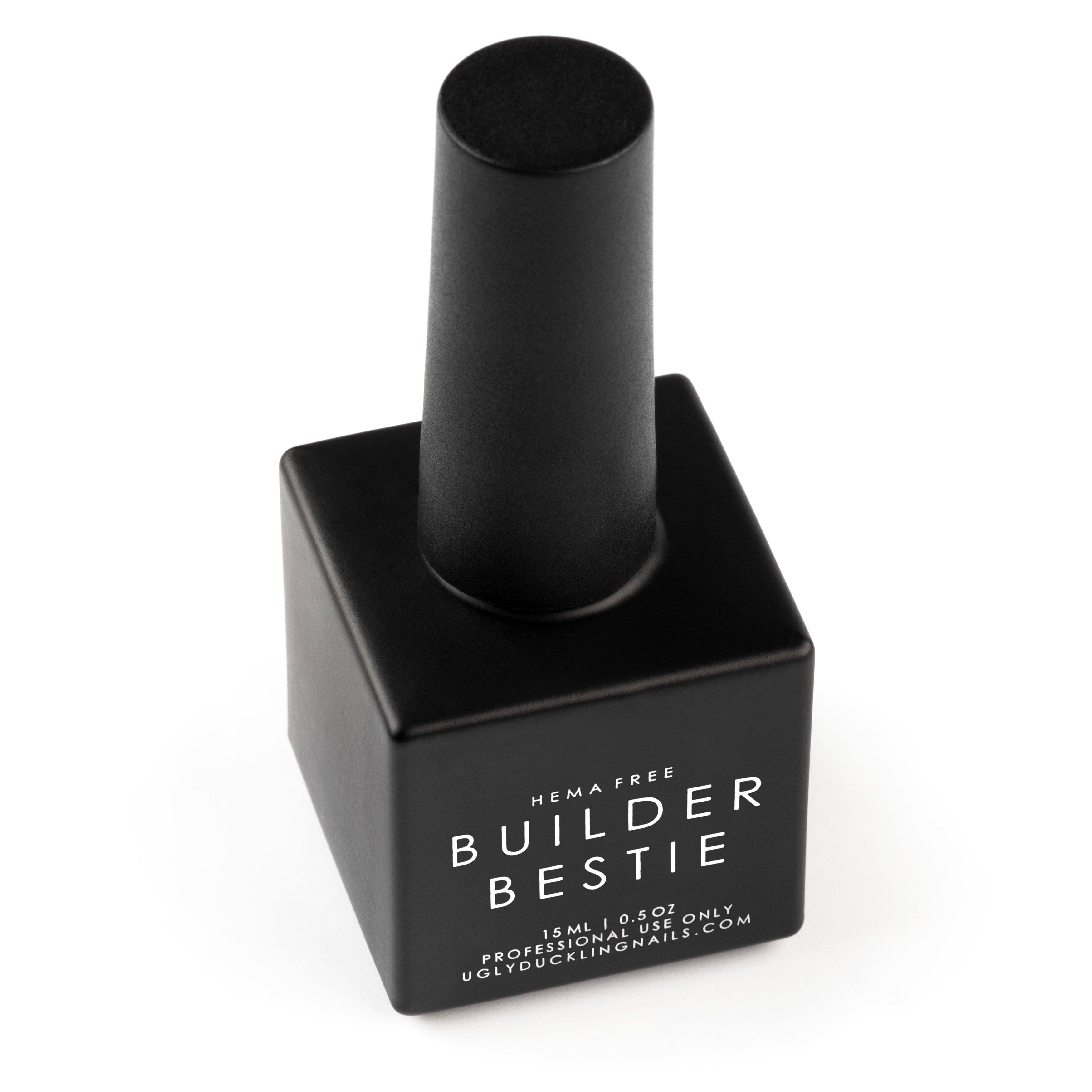 Black nail polish bottle with 'Builder Bestie' text on a white background