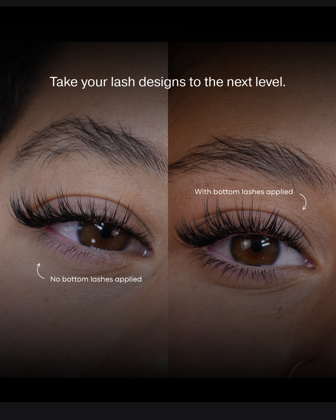 Comparison of eye lashes with and without bottom lashes applied.