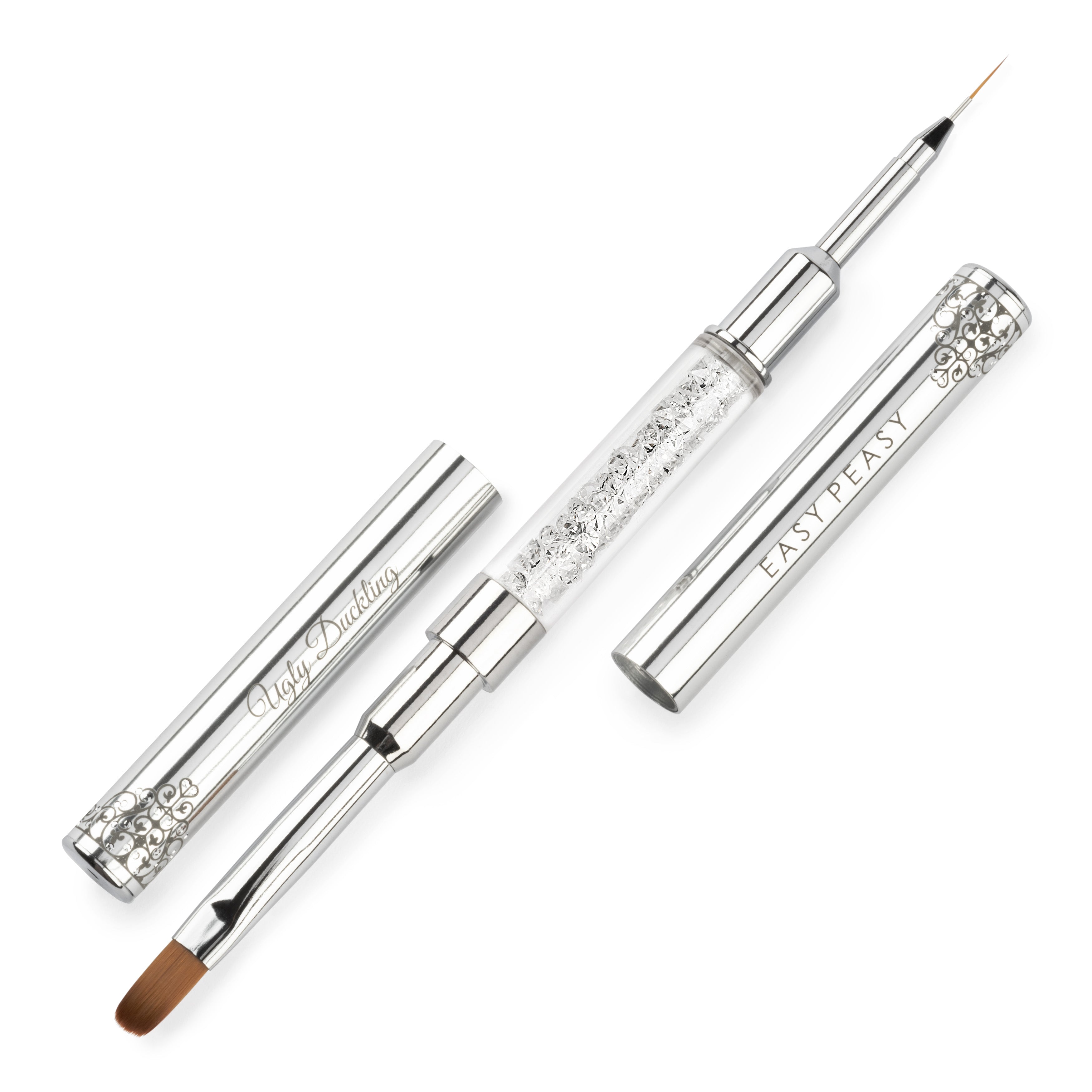 Two silver nail art brushes with 'Easy Peasy' branding on a white background