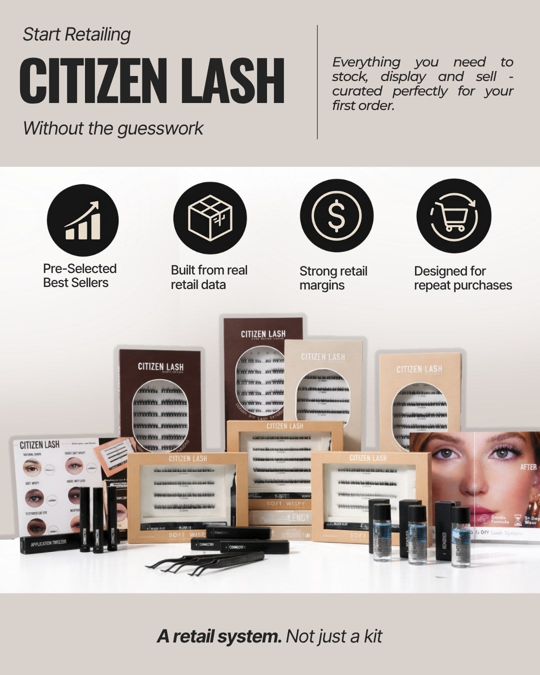Advertisement for Citizen Lash product line with packaging and a woman's face.