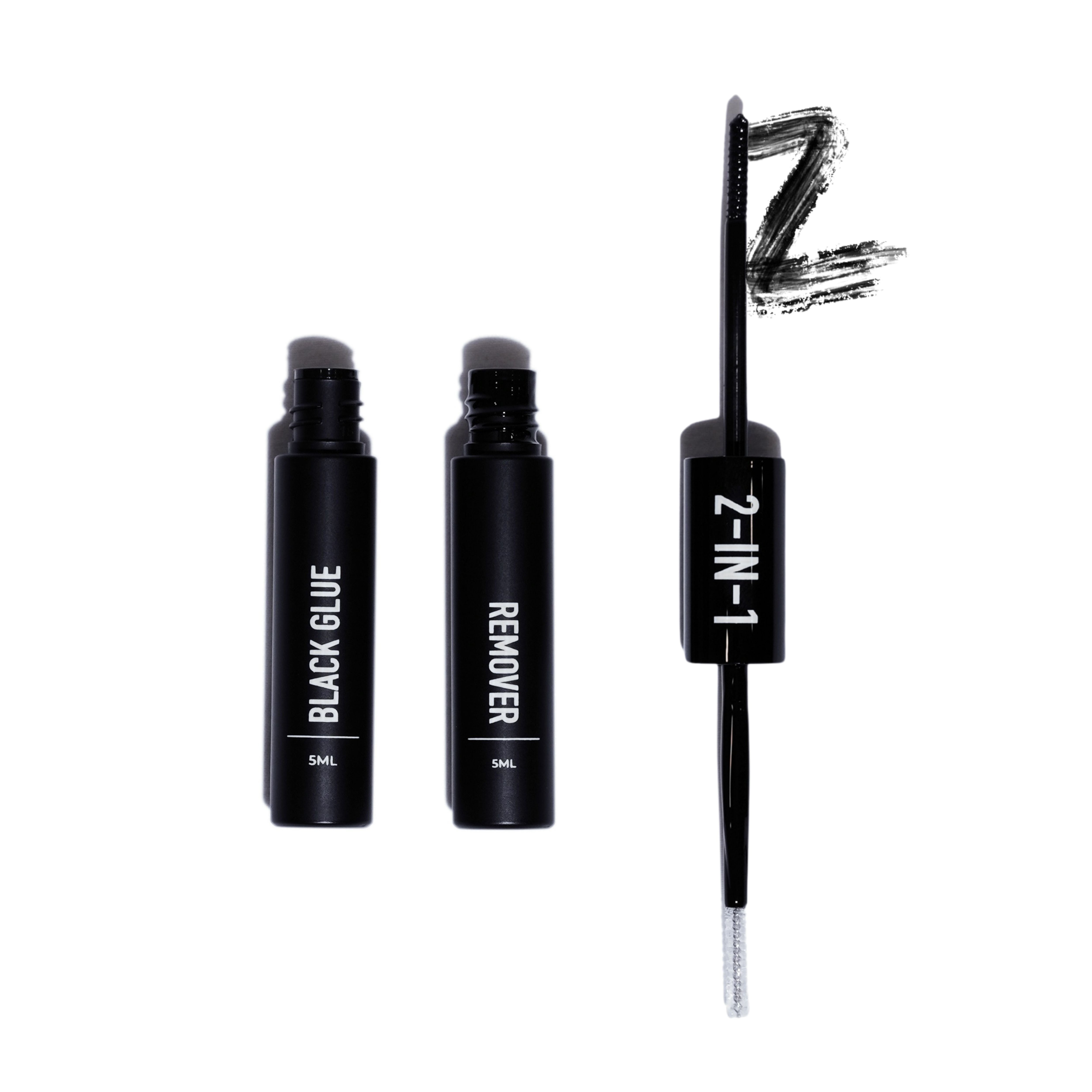 Eyelash extension products including remover, black glue, and a z-pole on a white background.