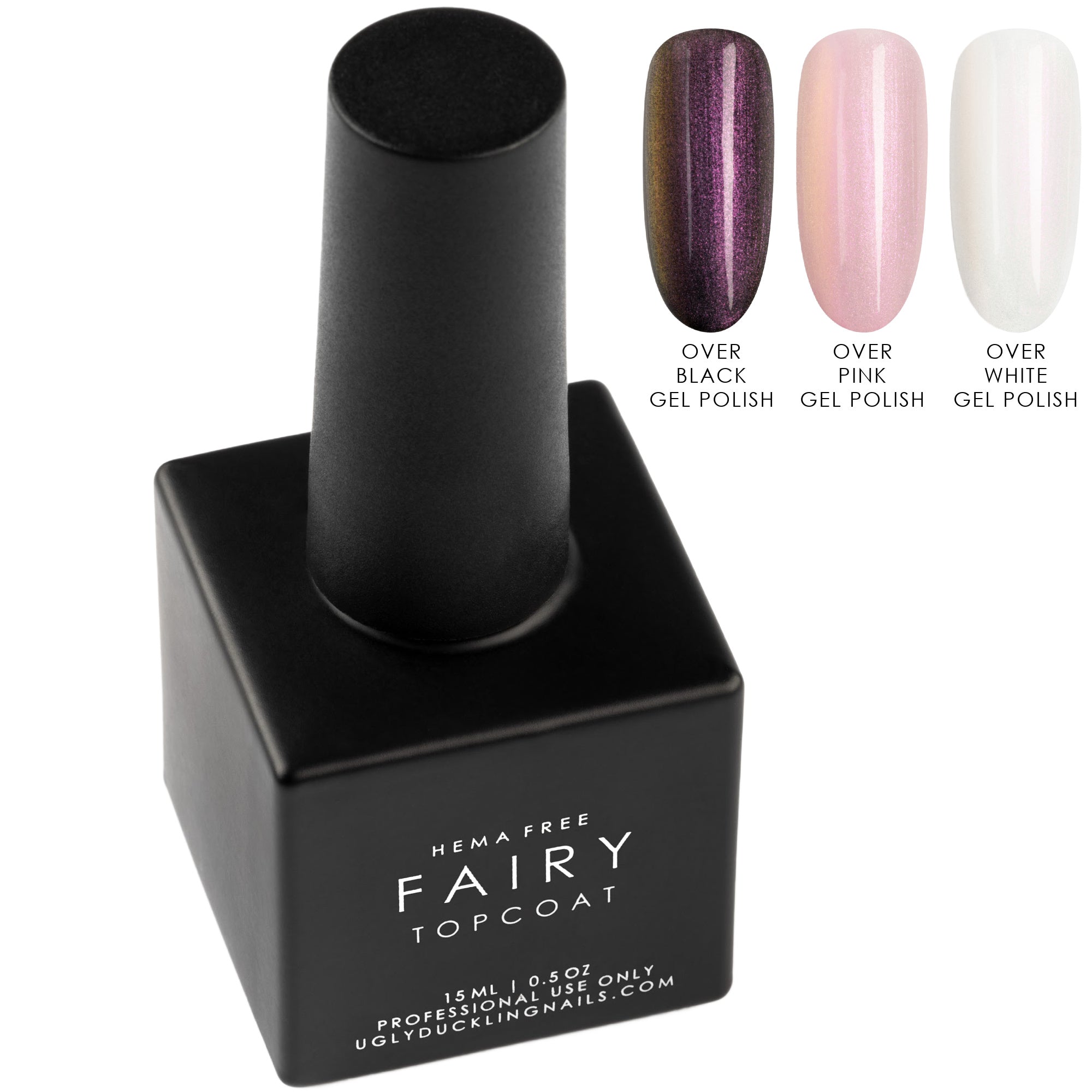 Black gel polish bottle with color options displayed on a white background